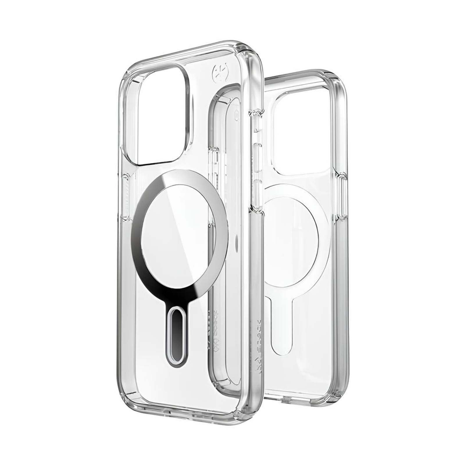 Due custodie trasparenti per telefono con area MagSafe circolare una accanto all'altra.