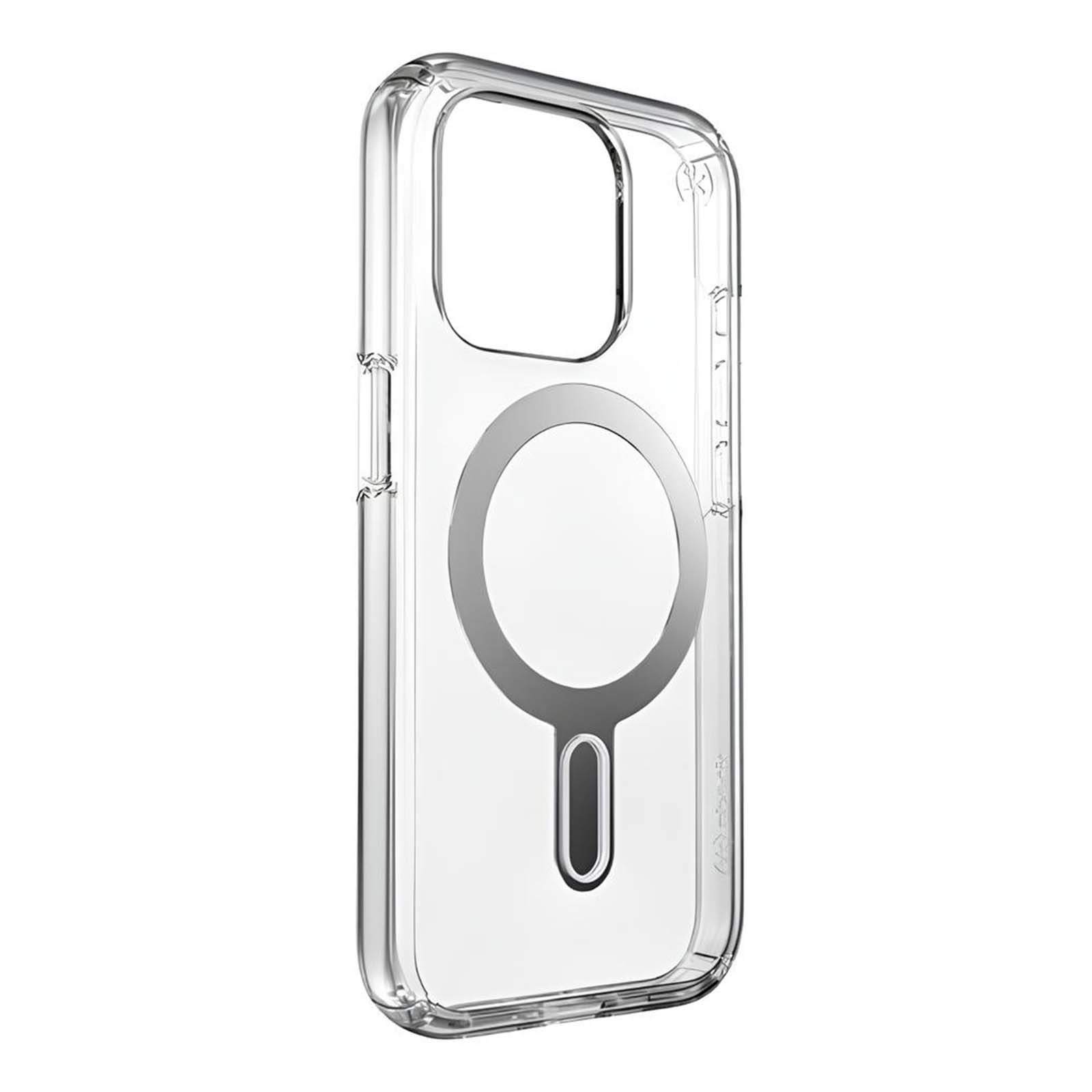 Custodia trasparente con anello magnetico circolare e ritaglio fotocamera.