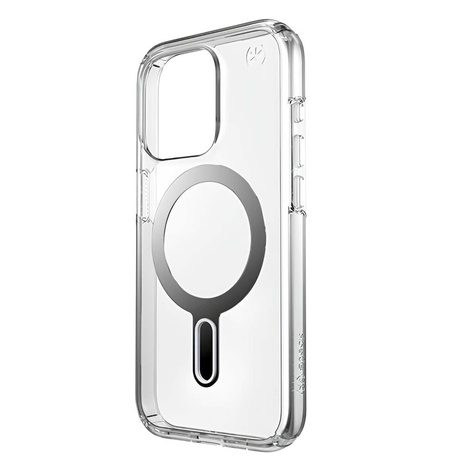 Custodia trasparente per telefono con anello MagSafe, ritaglio fotocamera e tasti laterali.