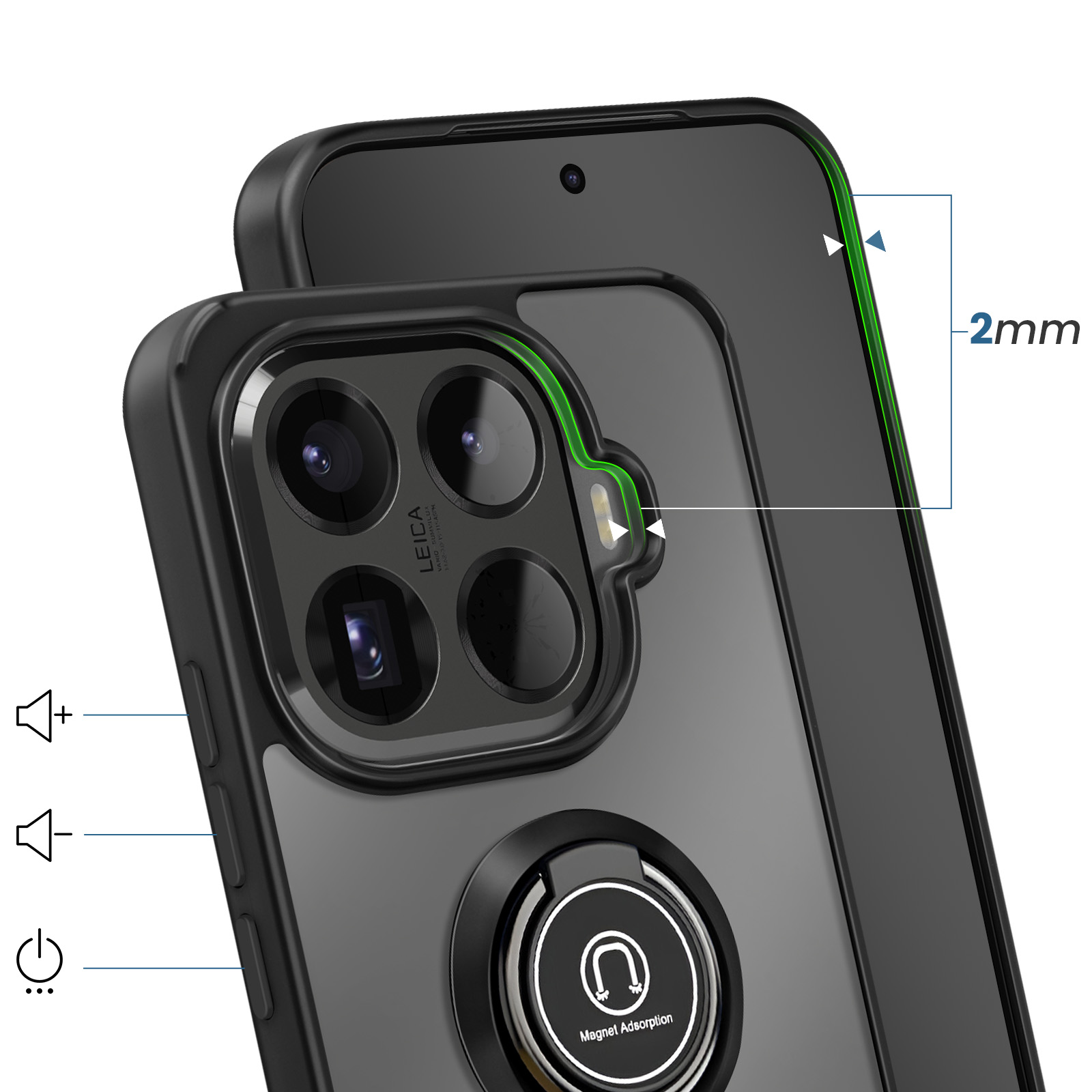 Custodia nera per telefono con obiettivo, anello porta anello e bordo 2mm.