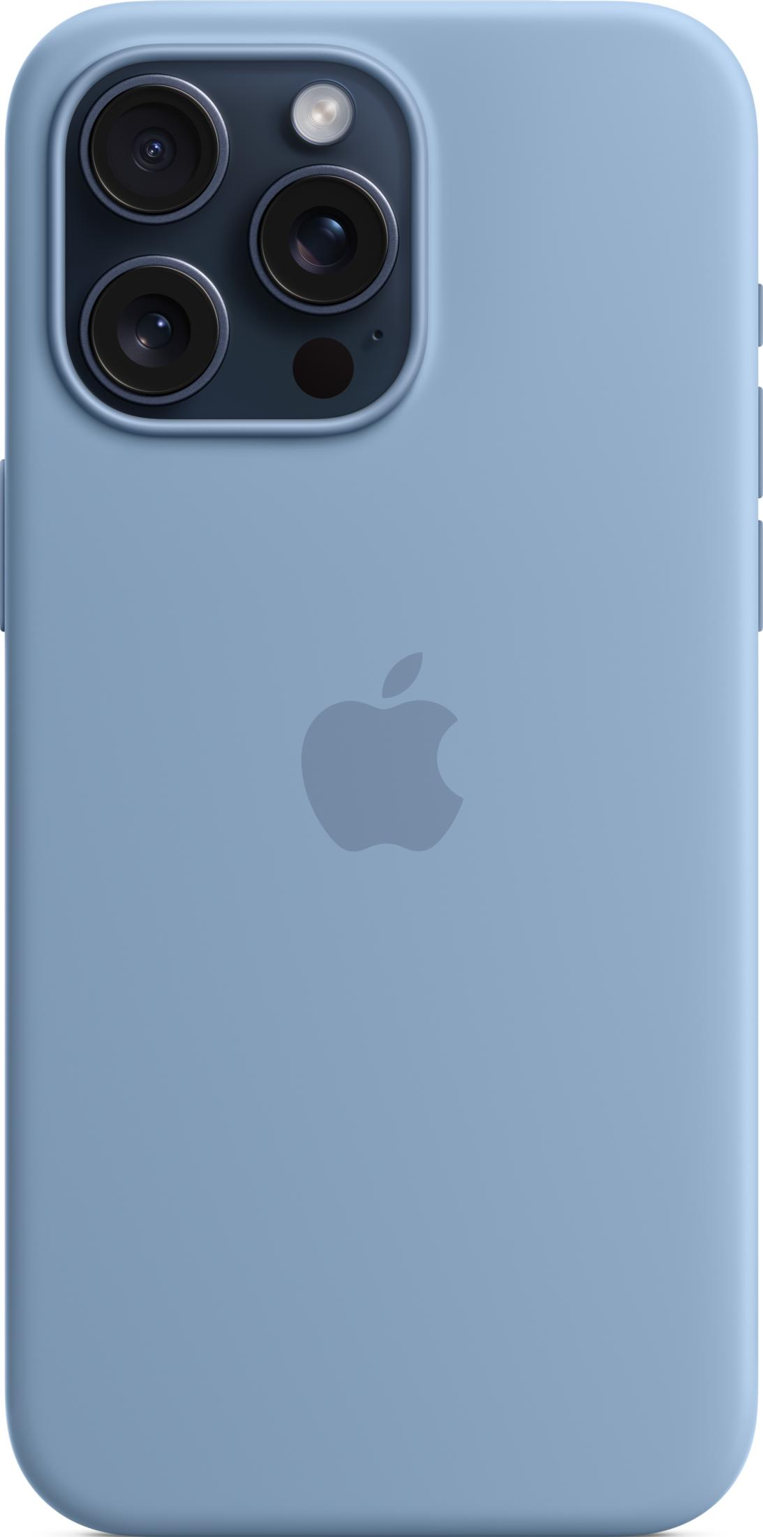 Una cover blu per iPhone con logo Apple e sistema a tripla fotocamera.