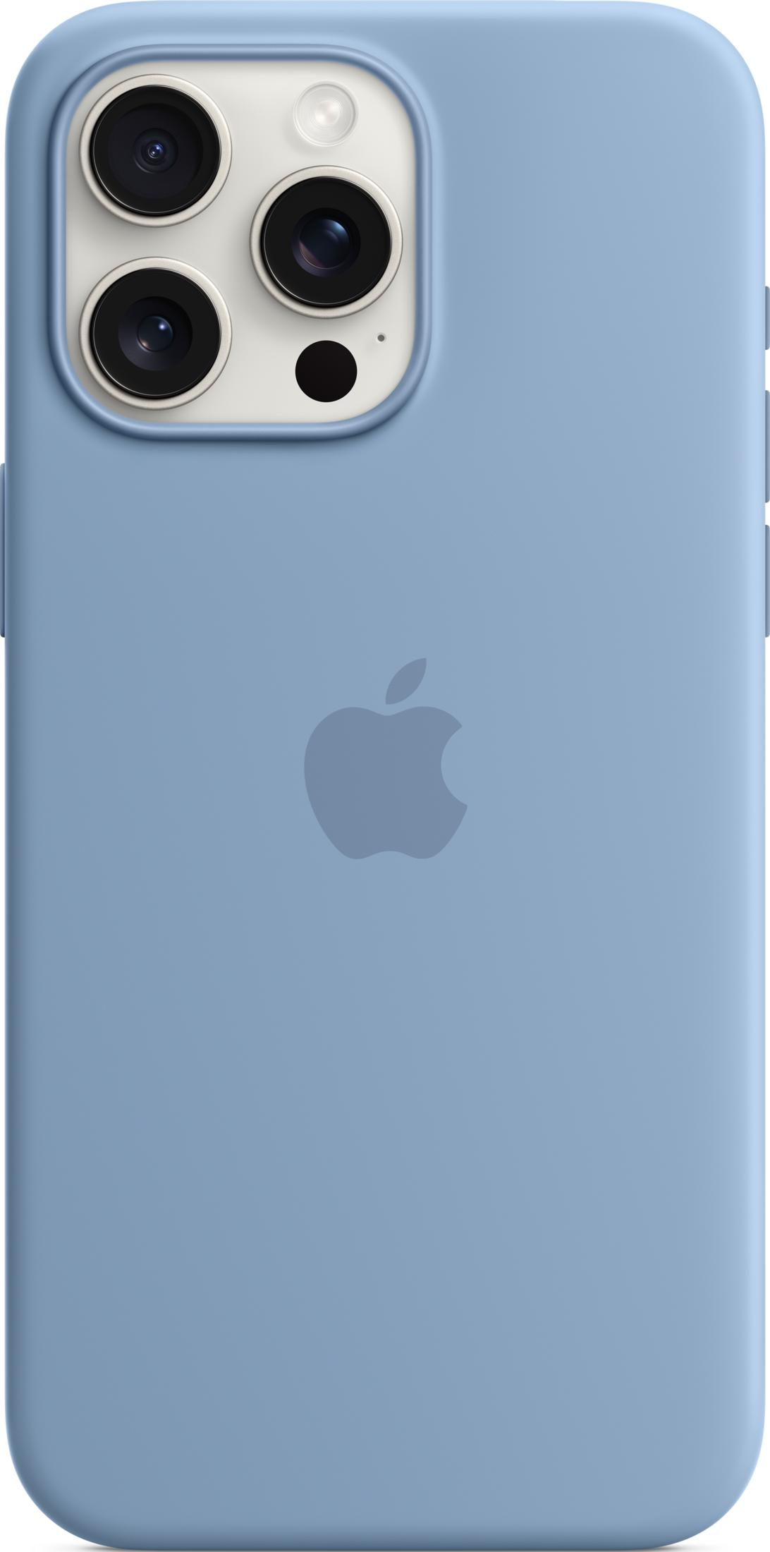Custodia blu per telefono con logo Apple e tre obiettivi sulla retro.