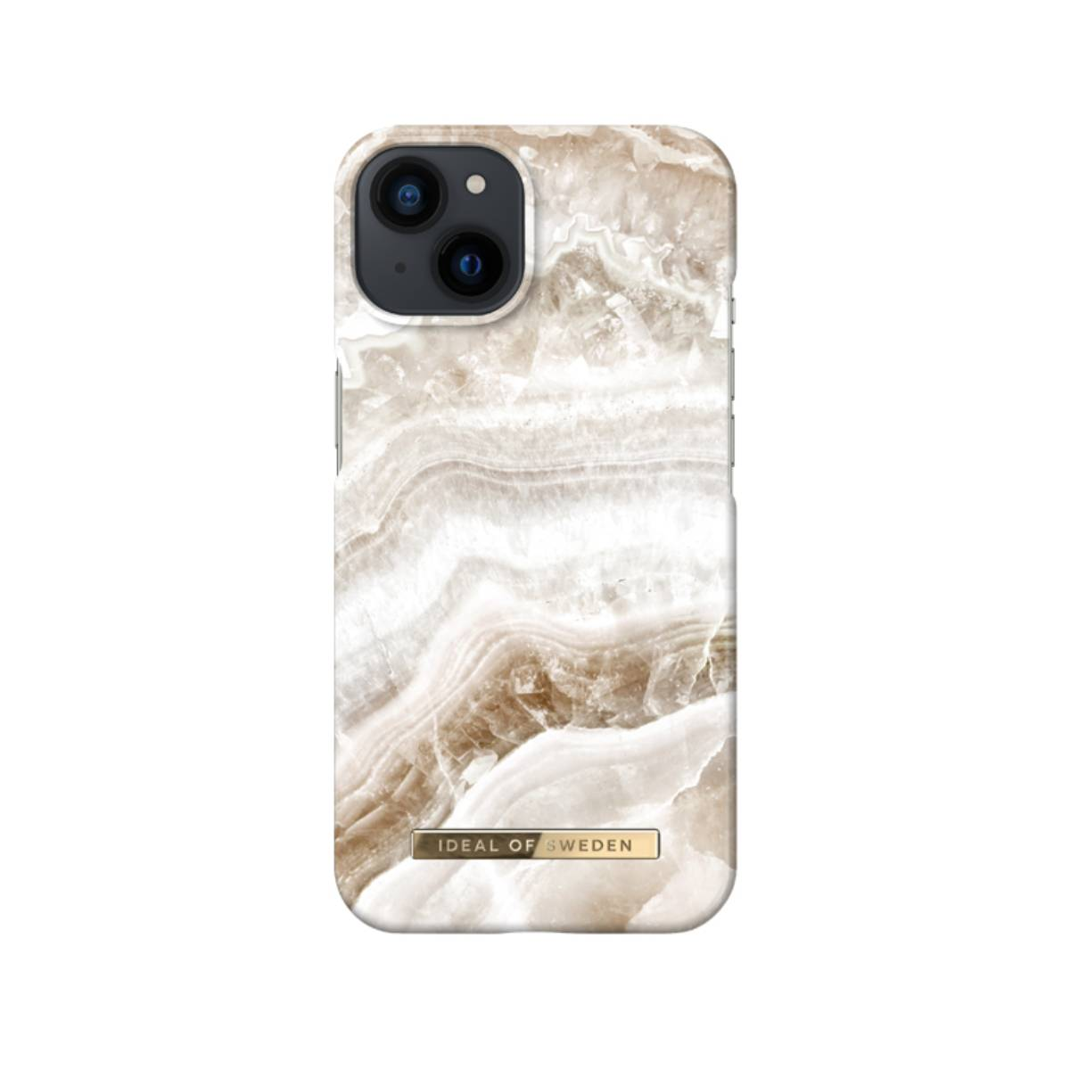 Una custodia per telefono con motivo marmorizzato beige e bianco con logo dorato.