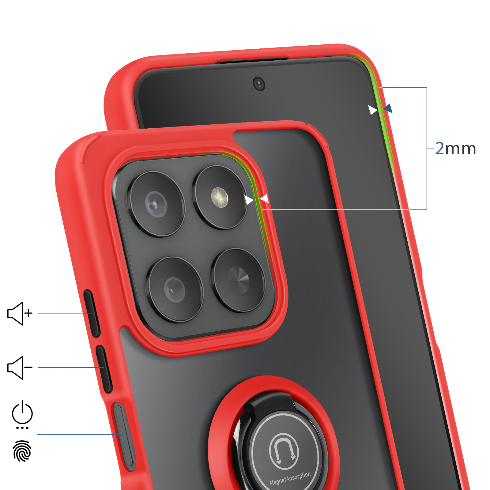 Custodia rossa per telefono con array di obiettivi e anello. Bordo 2mm.