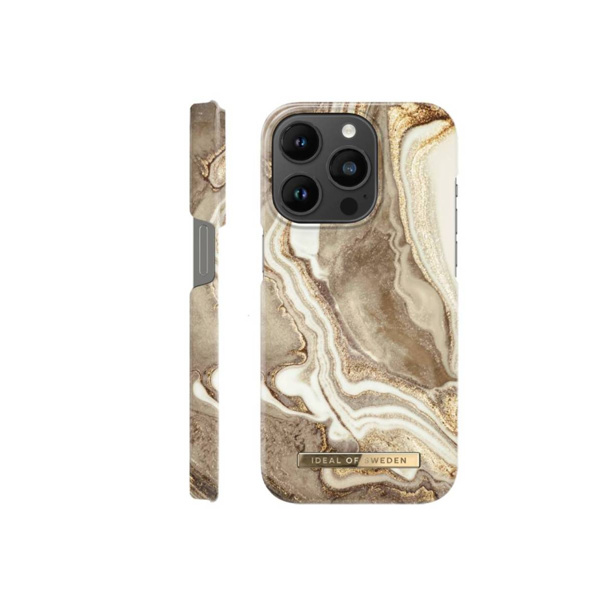 Una custodia per iPhone con motivo marmorizzato nei toni del marrone, bianco e oro.