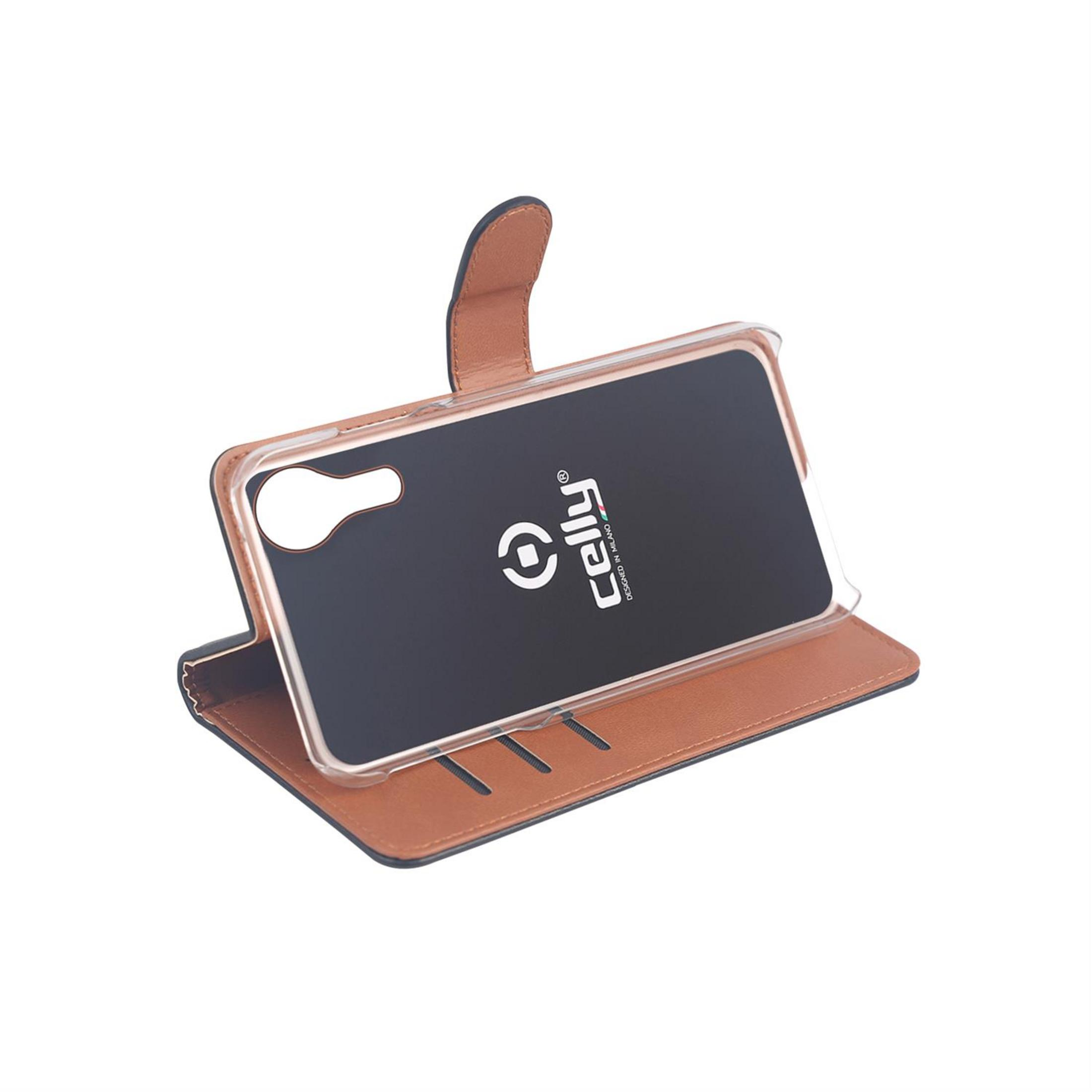 Ein braunes Handy-Flipcase mit einem transparenten Einsatz für ein Smartphone.