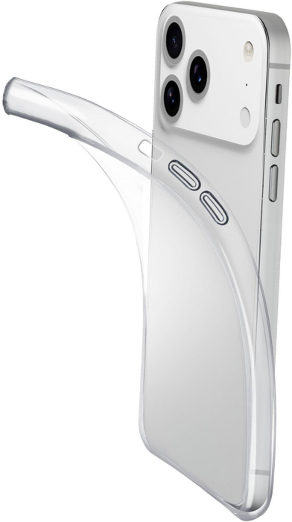Una custodia trasparente avvolge il retro di uno smartphone bianco con tre fotocamere.