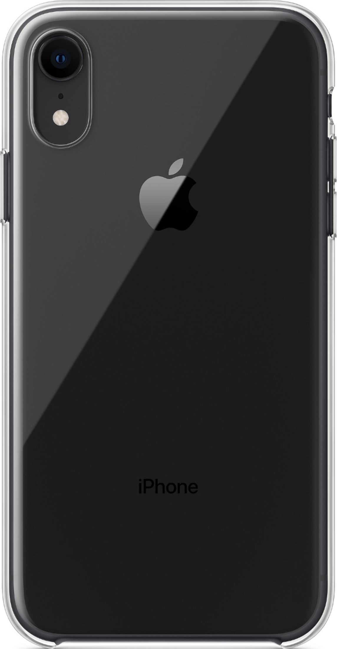 Rückseite eines schwarzen iPhones in einer transparenten Hülle mit Apple-Logo.