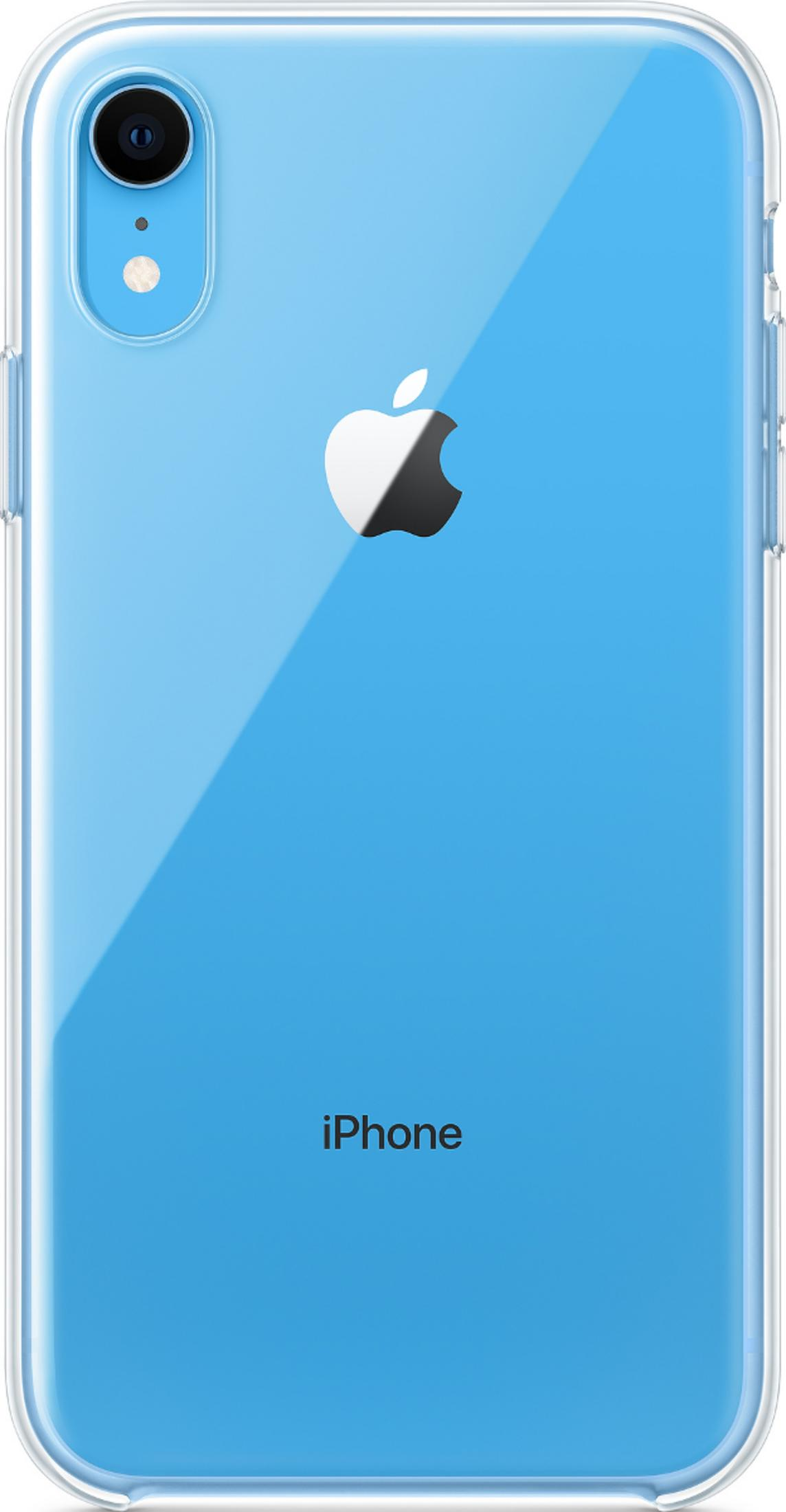 Ein blaues iPhone XR in einer durchsichtigen Hülle mit Apple-Logo und "iPhone"-Schriftzug.