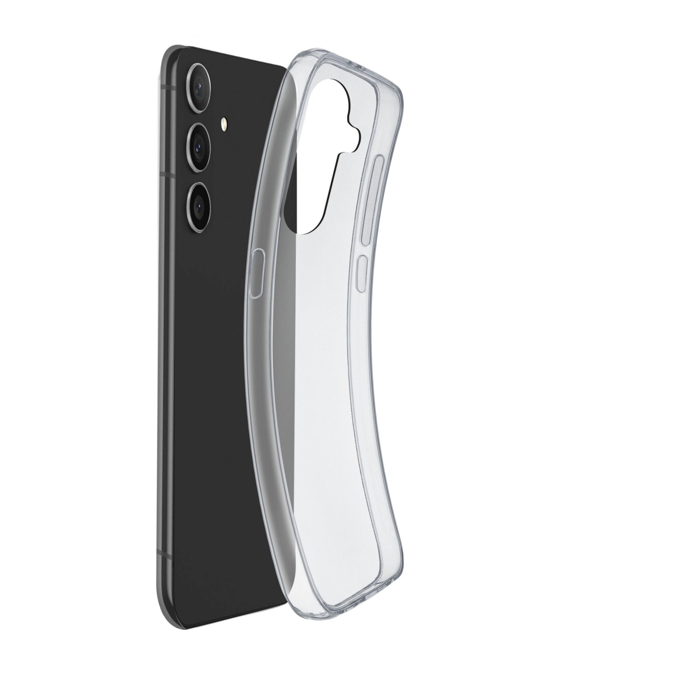 Uno smartphone nero con tre fotocamere accanto a una custodia trasparente.