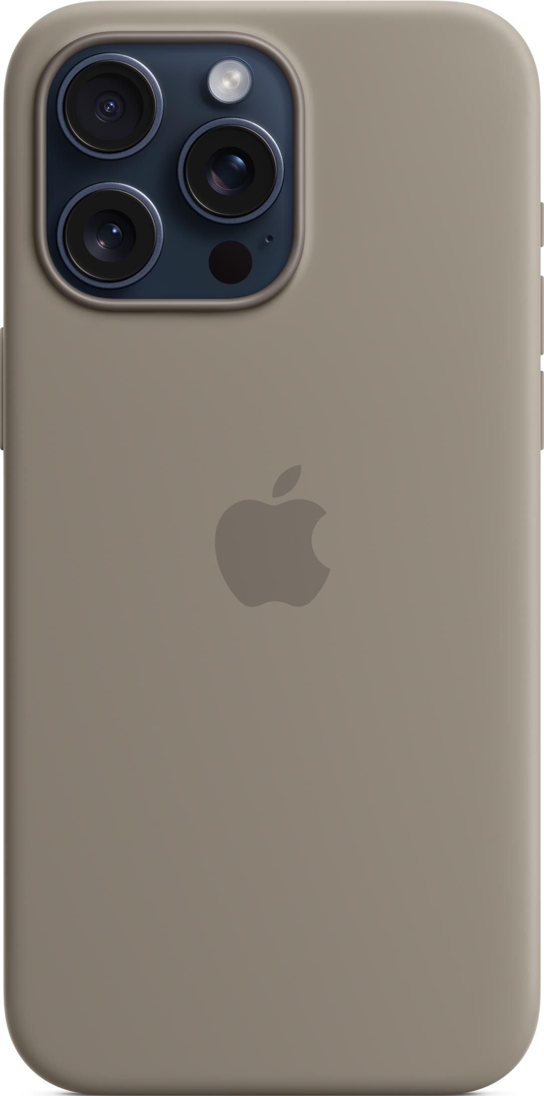 Retro di una custodia iPhone tortora con logo Apple e gruppo fotocamere.