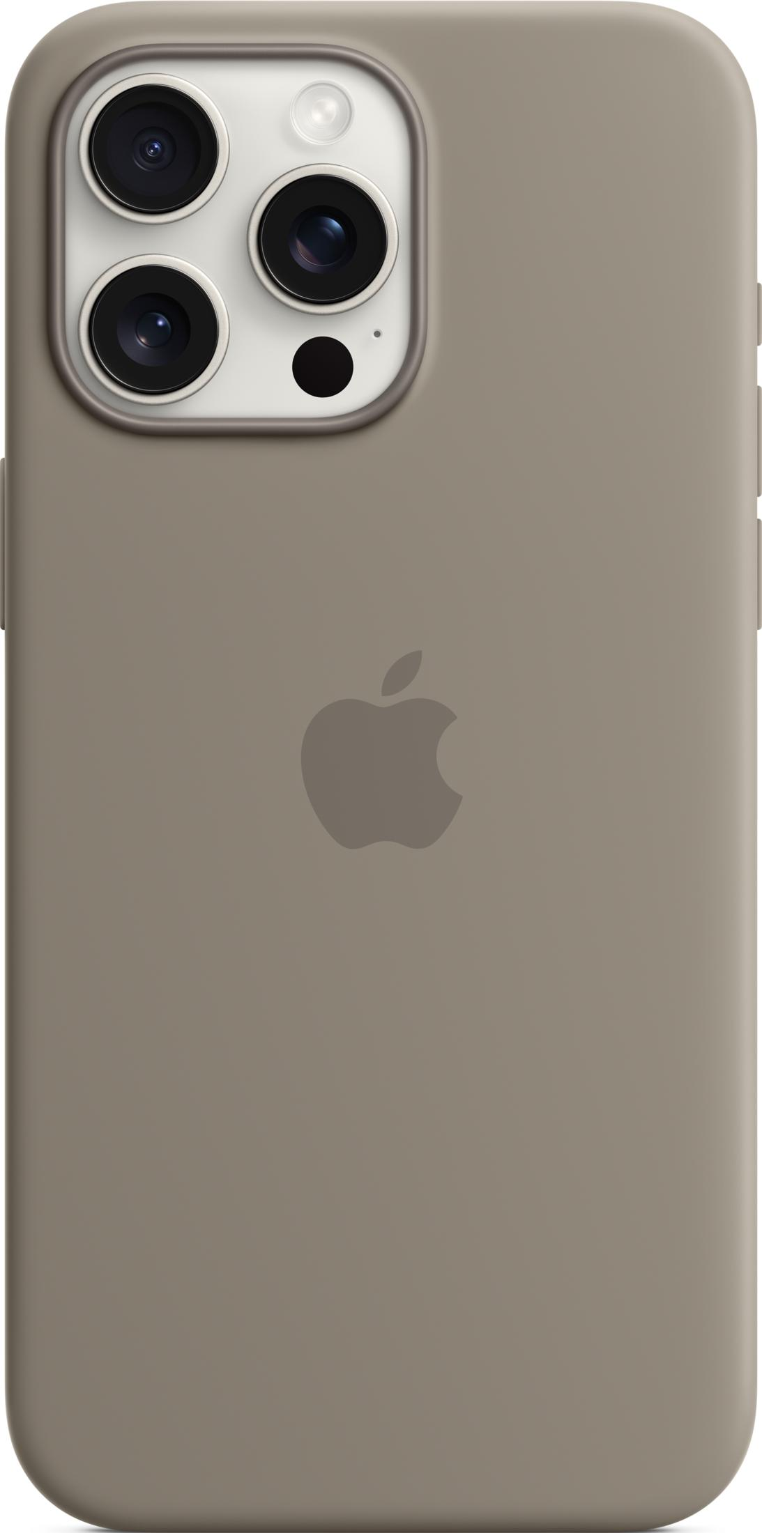 Una cover grigia per iPhone con logo Apple e lenti della fotocamera.