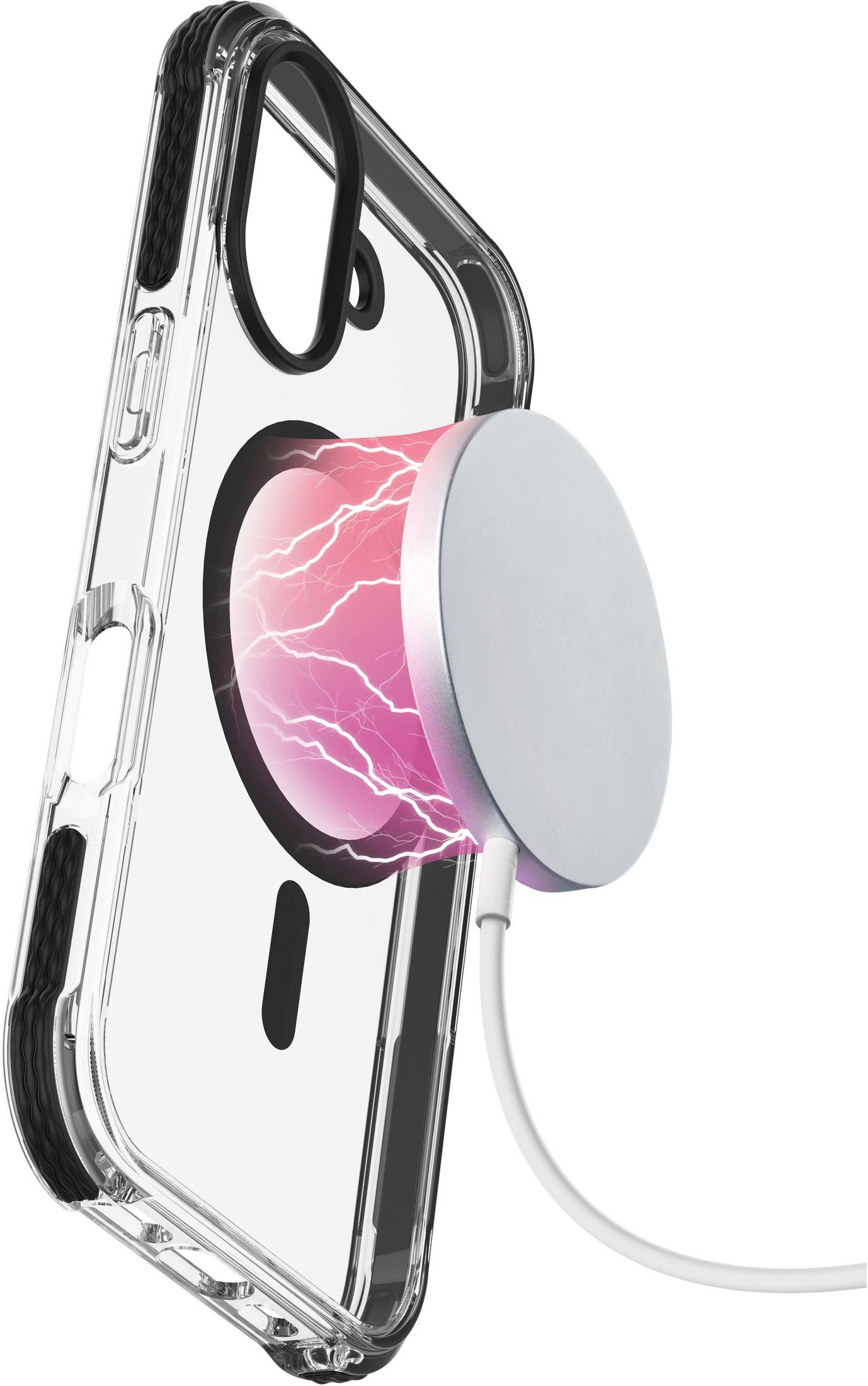 Custodia trasparente per iPhone con caricatore magnetico che emette fulmini rosa.