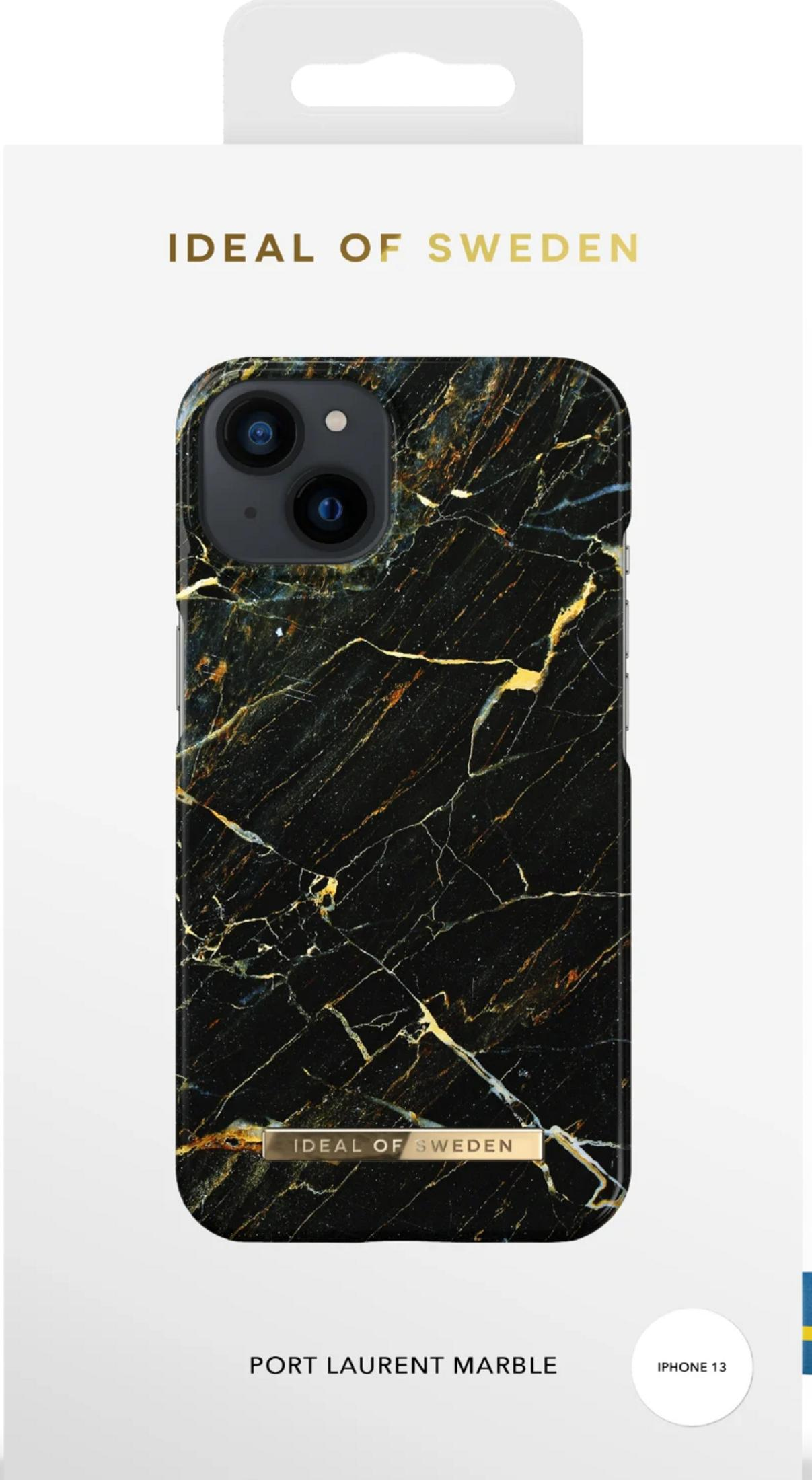 Custodia nera per iPhone 13 con motivo marmorizzato e venature dorate.