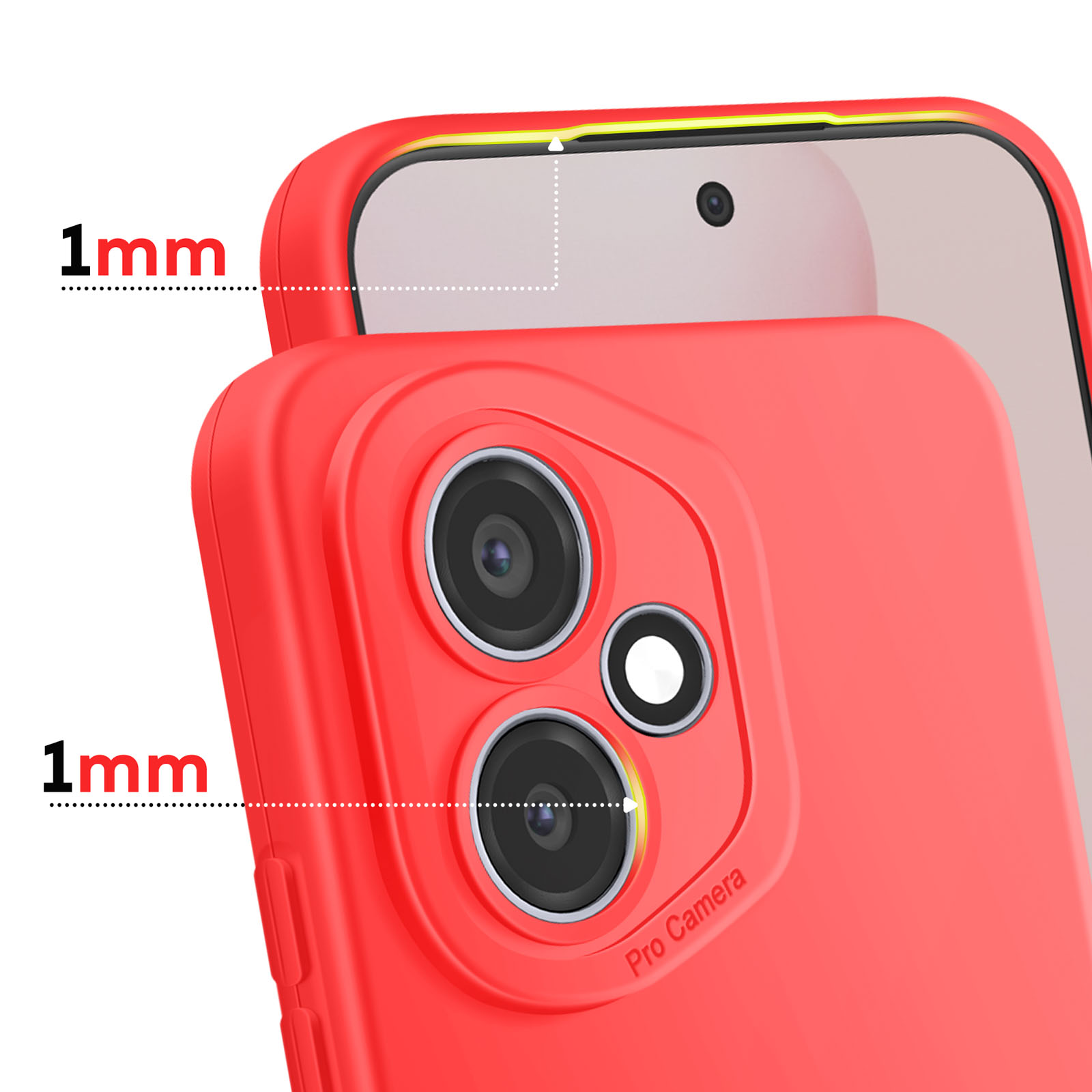 Custodia rossa per telefono con bordi rialzati di 1 mm.