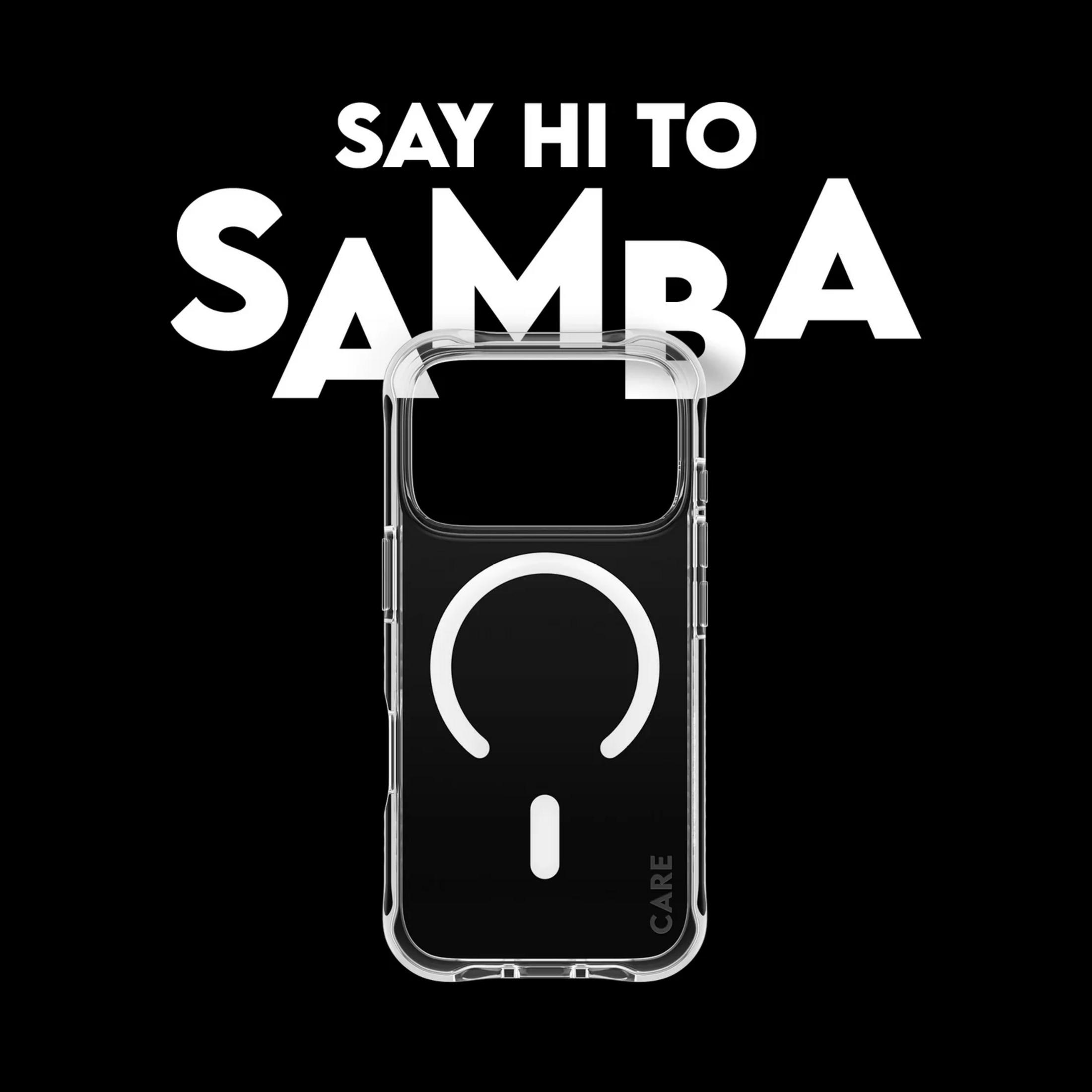 Coque de téléphone transparente avec texte blanc "Samba" et logo circulaire.