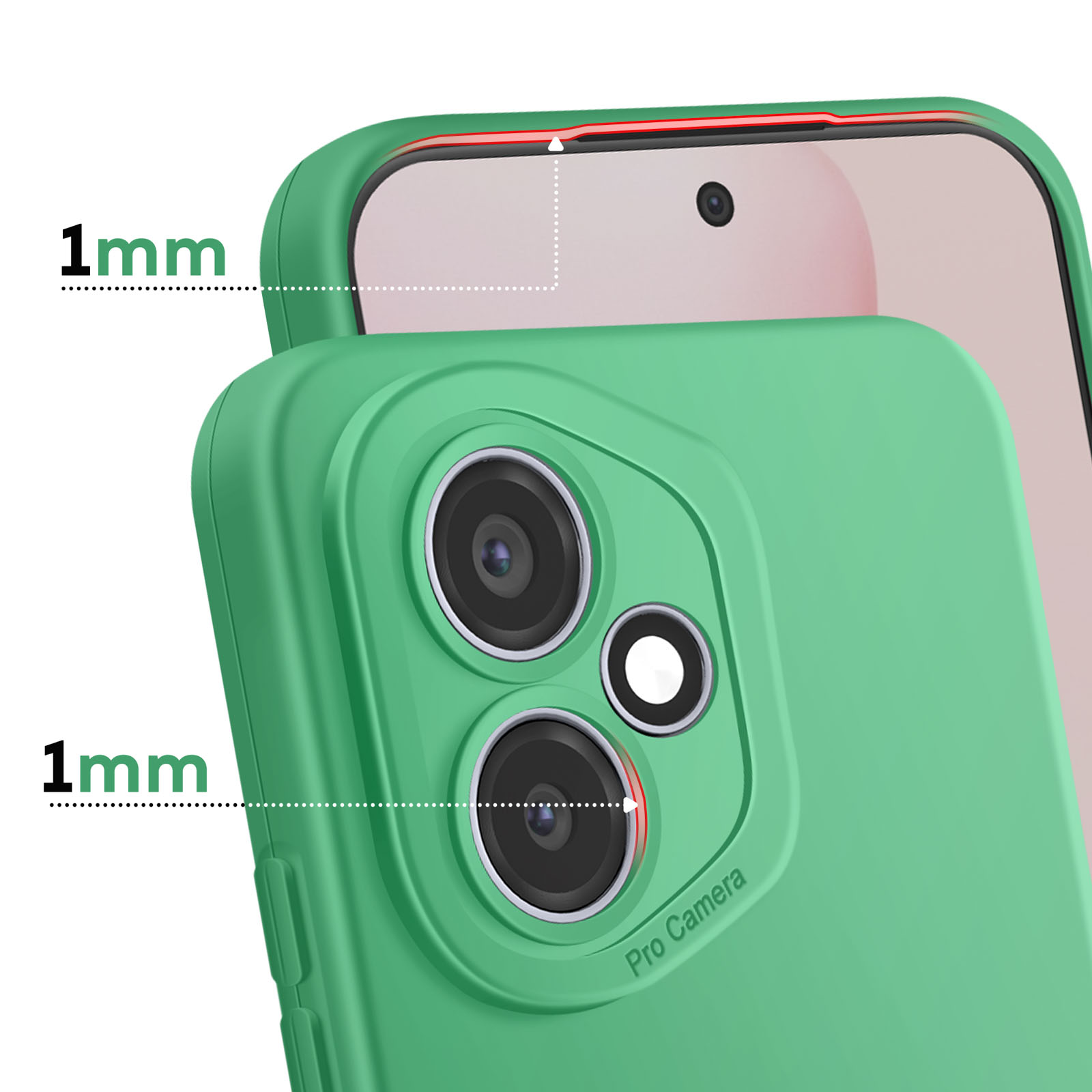 Grüne Handyhülle mit 1mm Schutz für Kamera und Bildschirm.