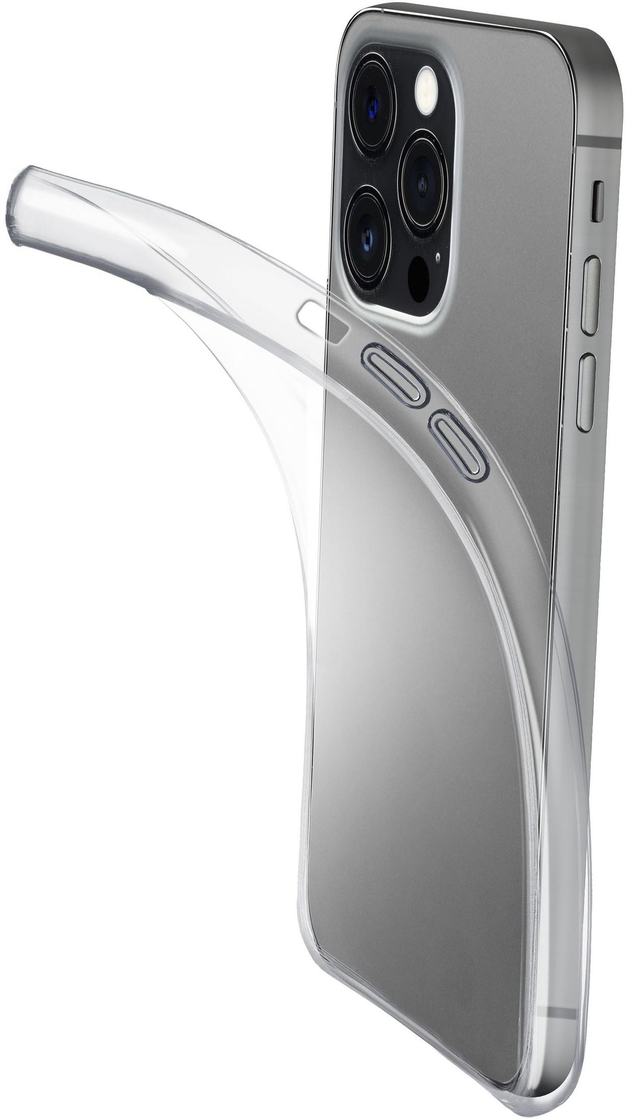Una funda transparente sobre un smartphone gris con cámaras.