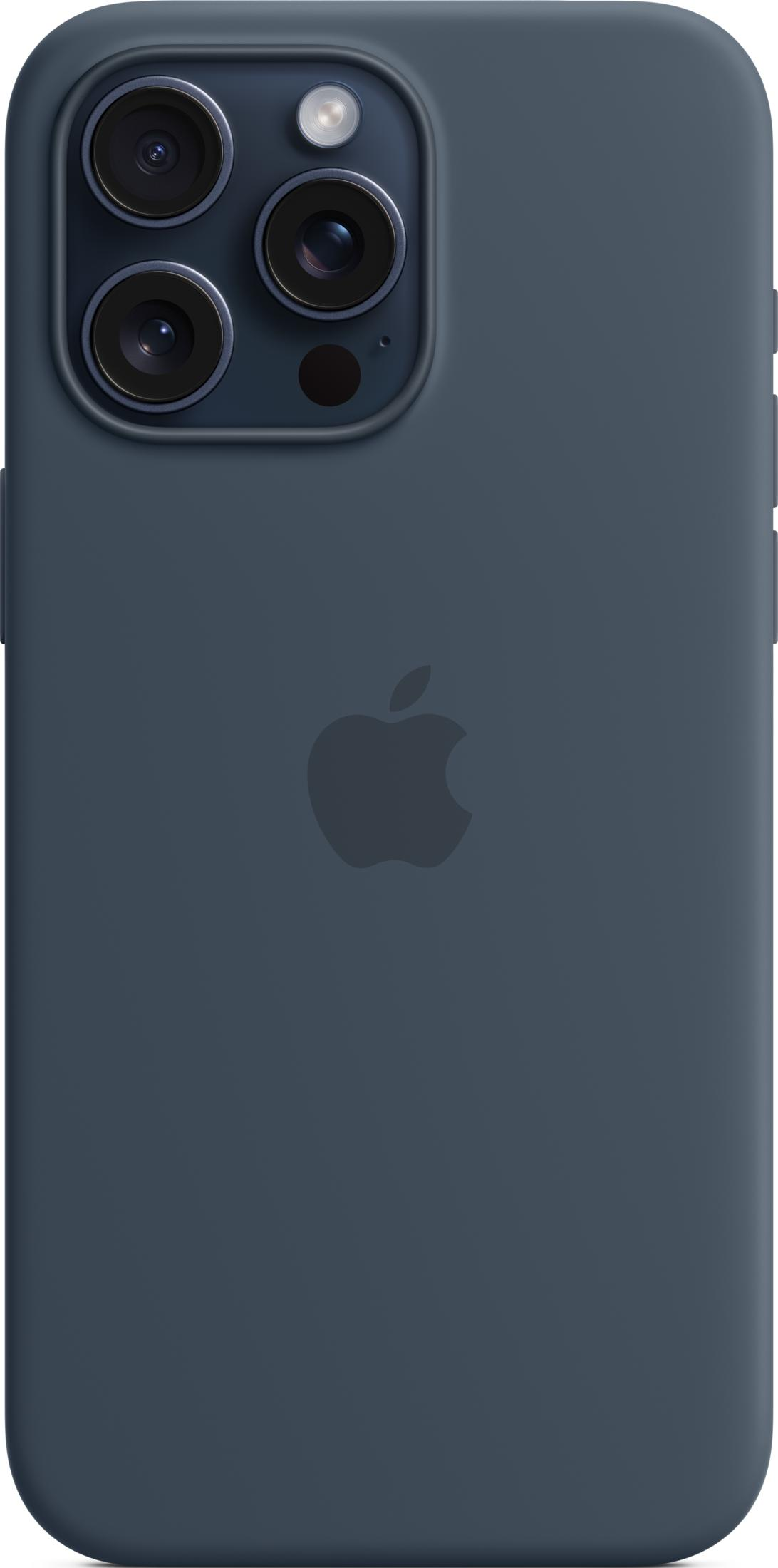 Ein dunkelblaues iPhone-Case mit dem Apple-Logo und einer Dreifachkamera.