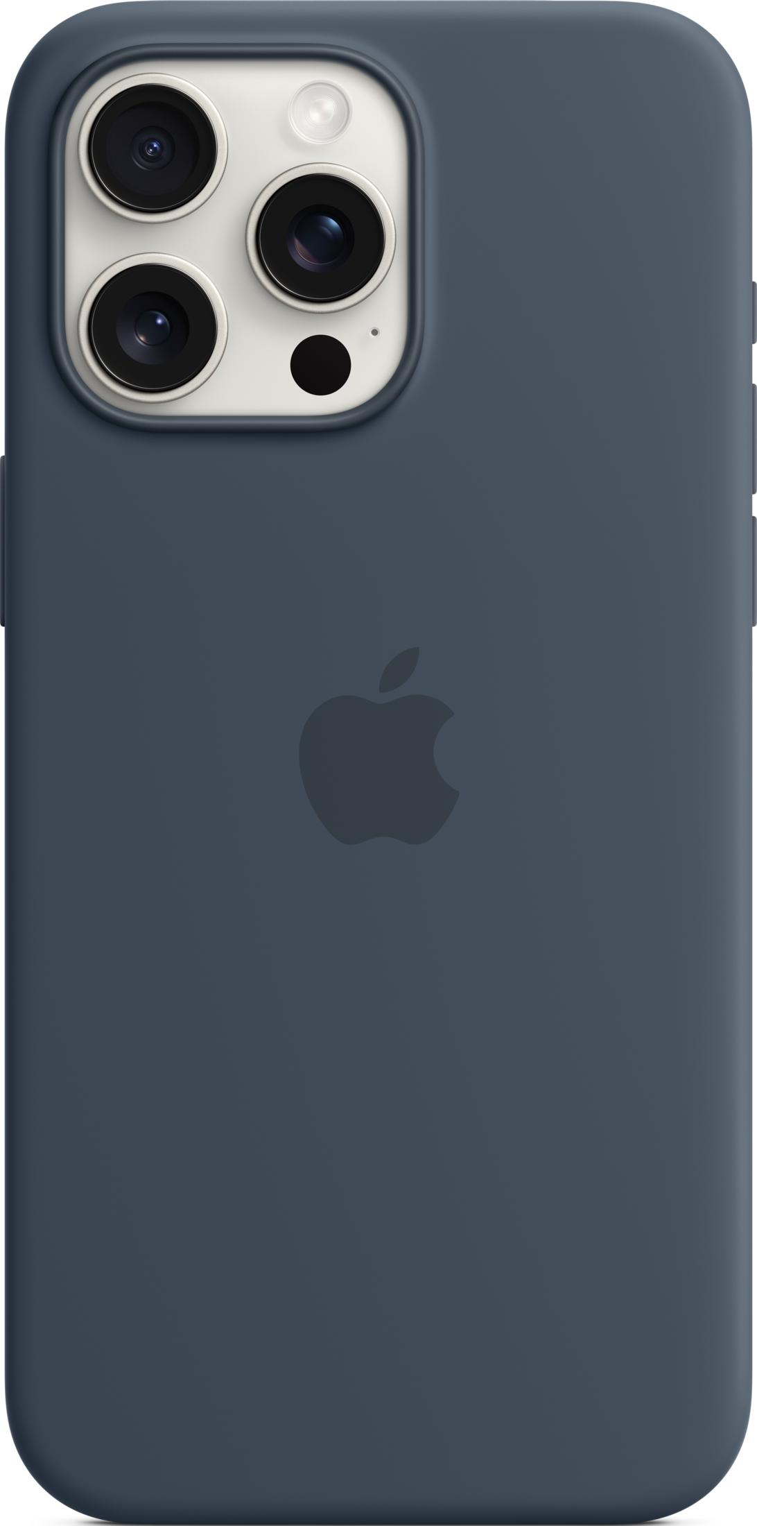 Dunkelgraue iPhone-Hülle mit dreifachem Kameraobjektiv und Apple-Logo.