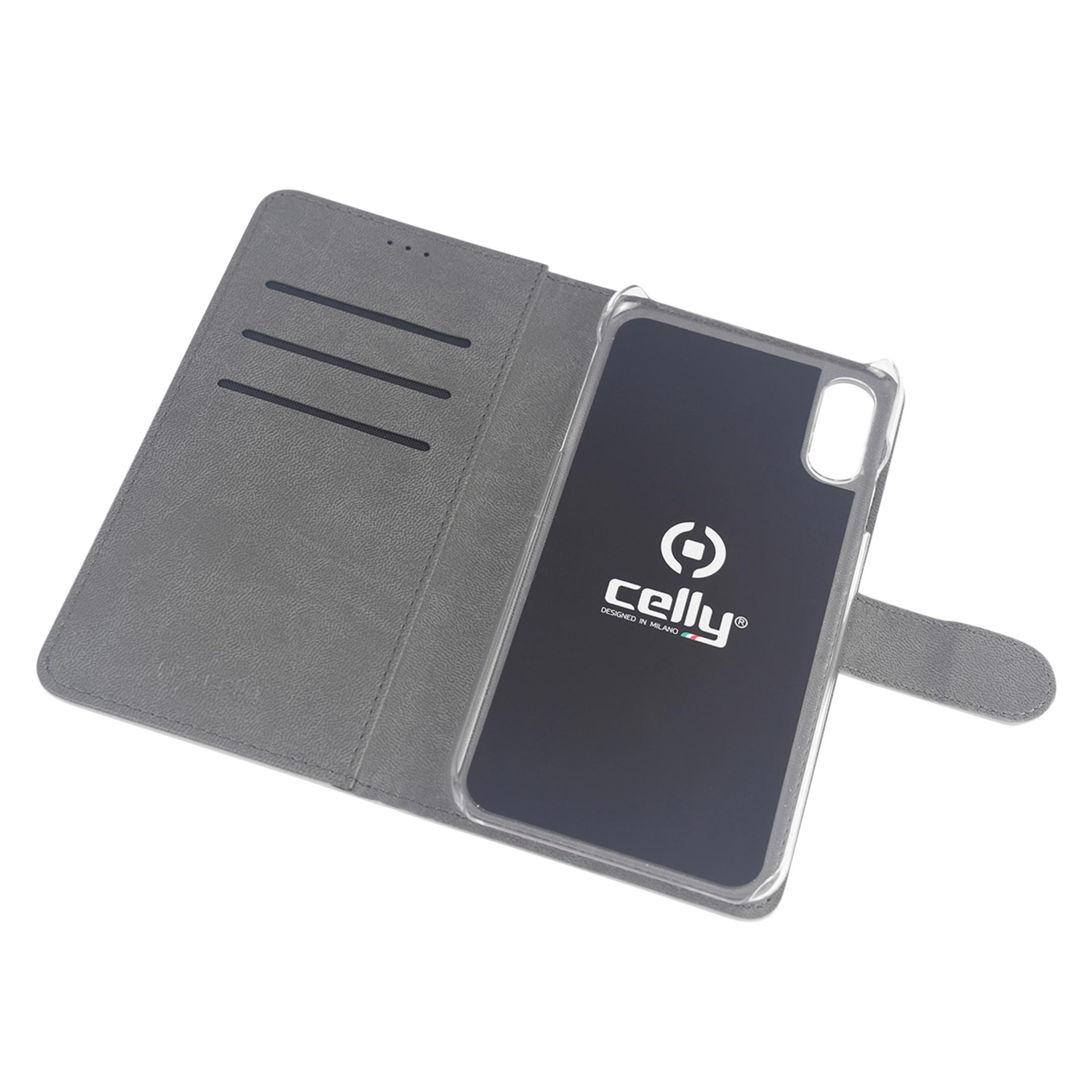 Custodia per telefono grigia con inserto trasparente e logo Celly.