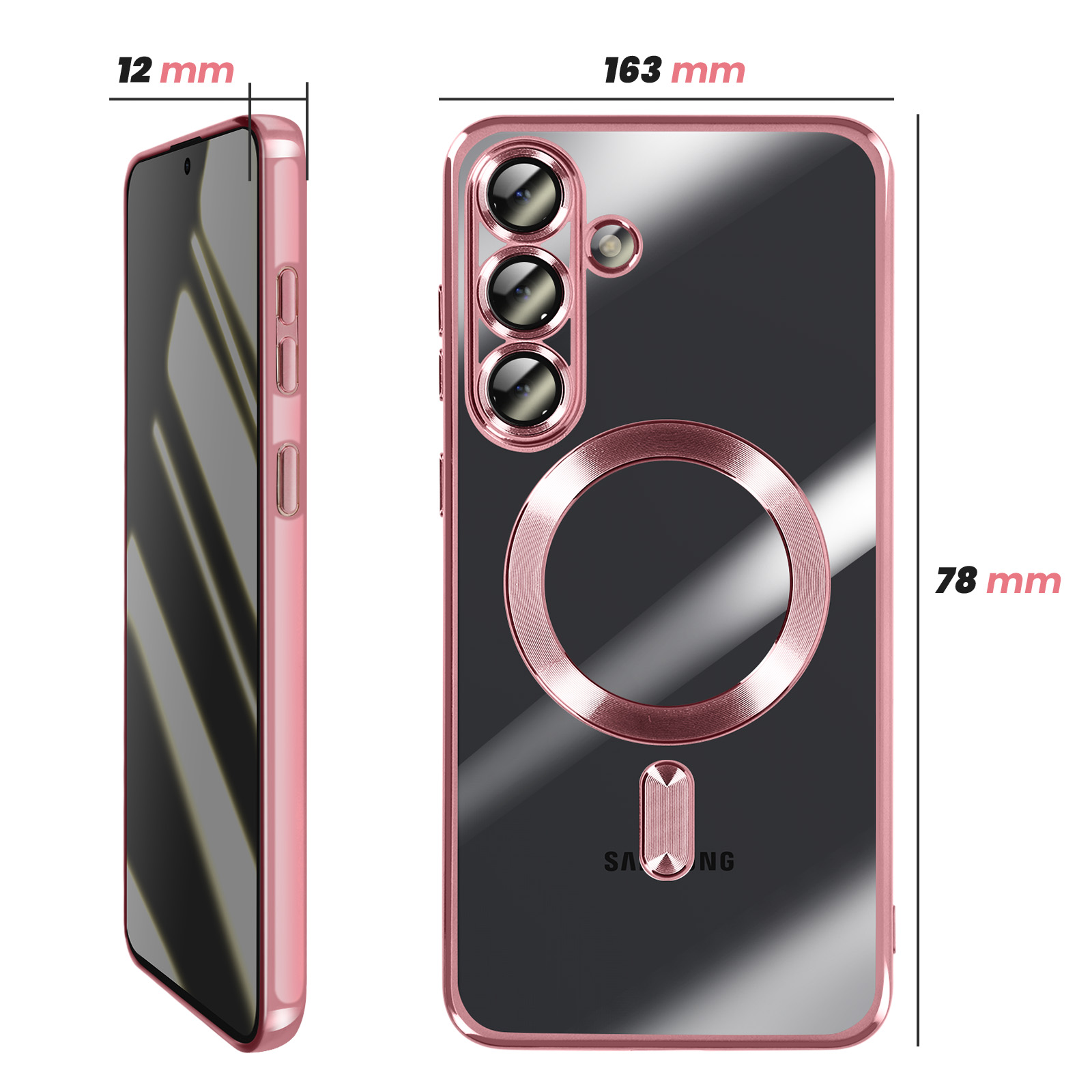 Una custodia per telefono oro rosa con retro trasparente, misura 163x78x12mm.