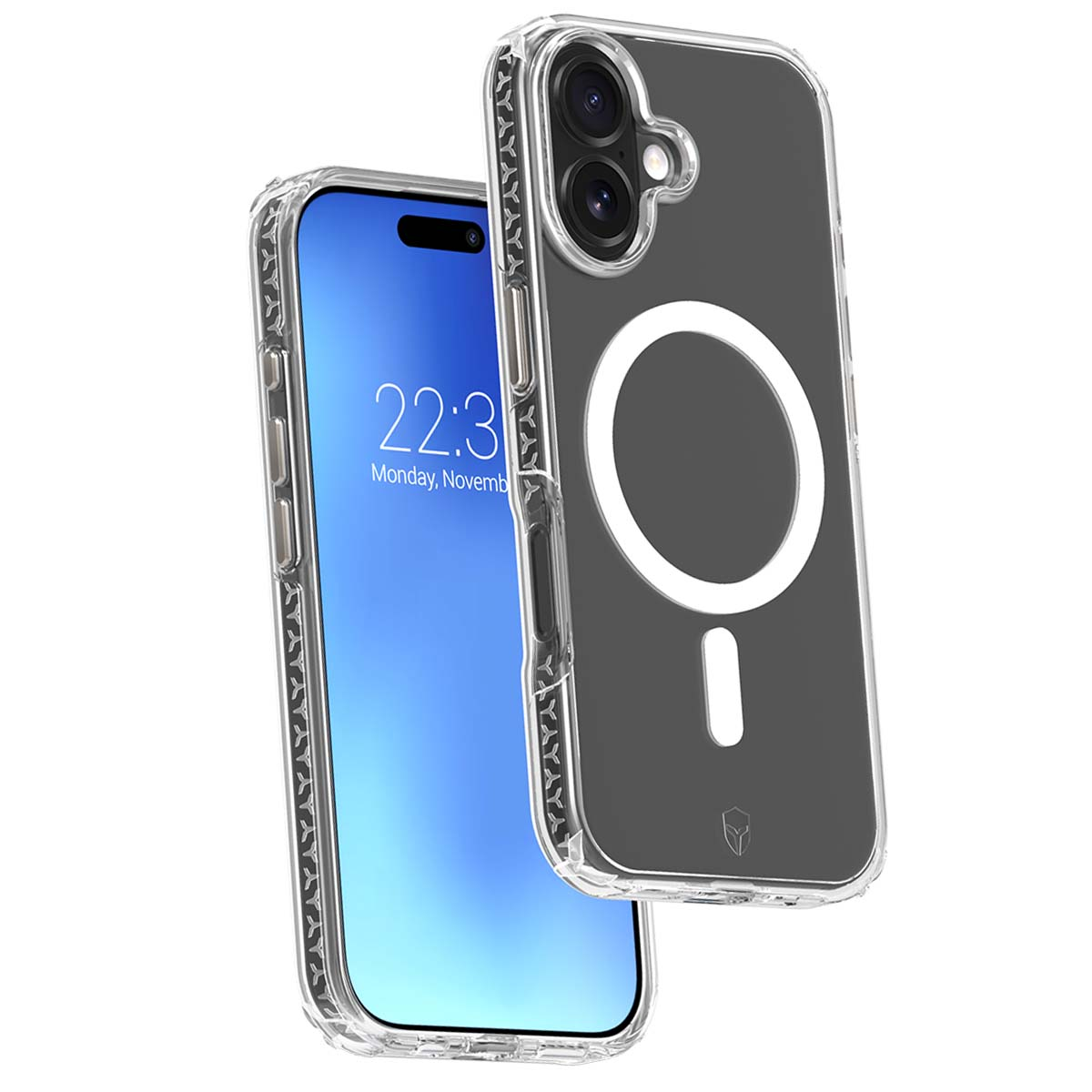Una custodia trasparente per telefono con cerchio di ricarica magnetico e un iPhone accanto.