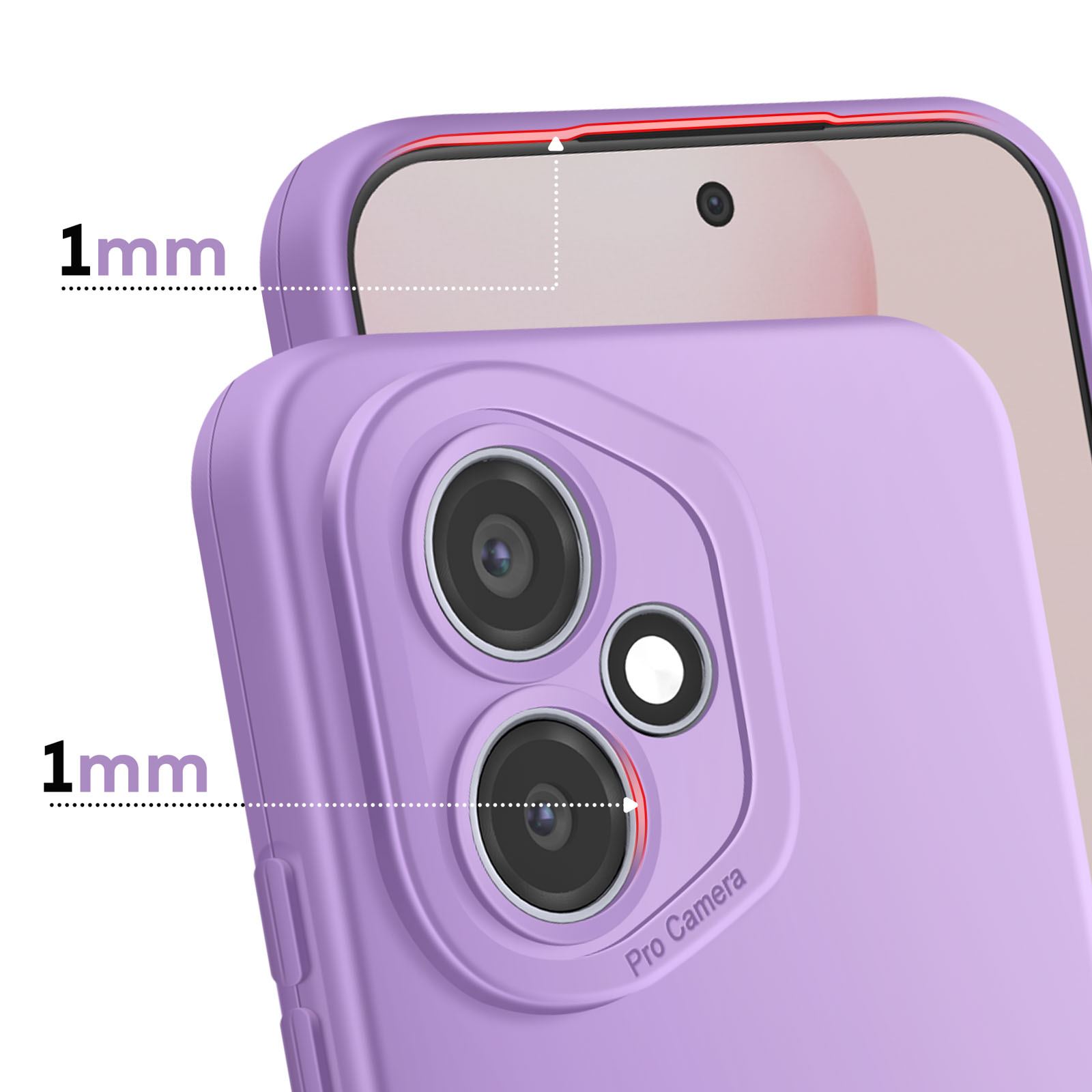 Custodia viola per telefono con bordo da 1mm, mostra una lunetta rialzata da 1mm.