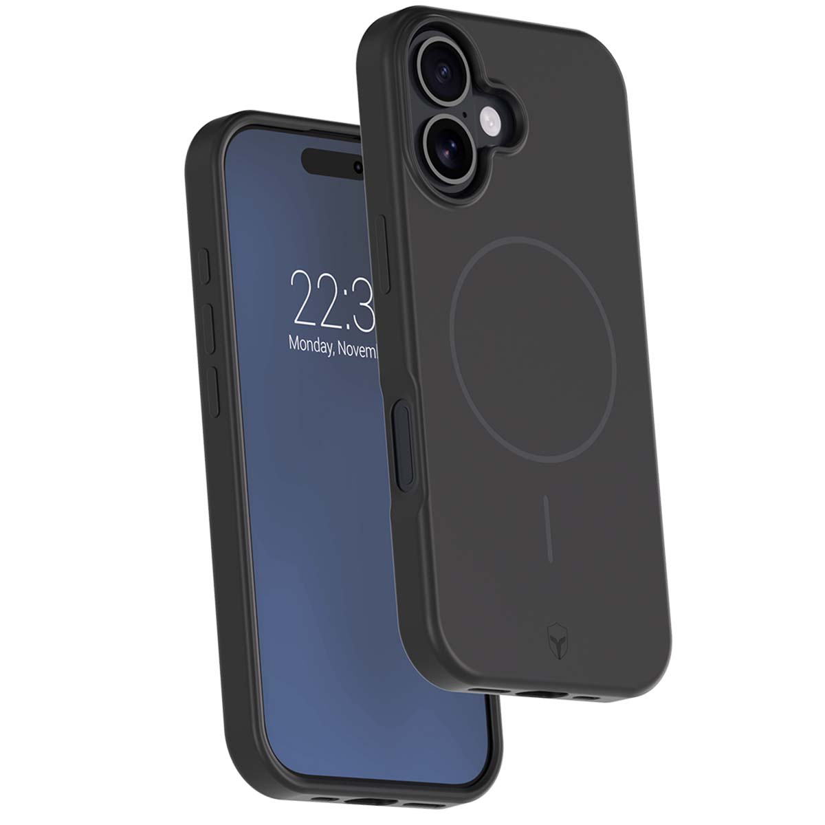 Smartphone nero con custodia protettiva, mostra ora e data digitali.