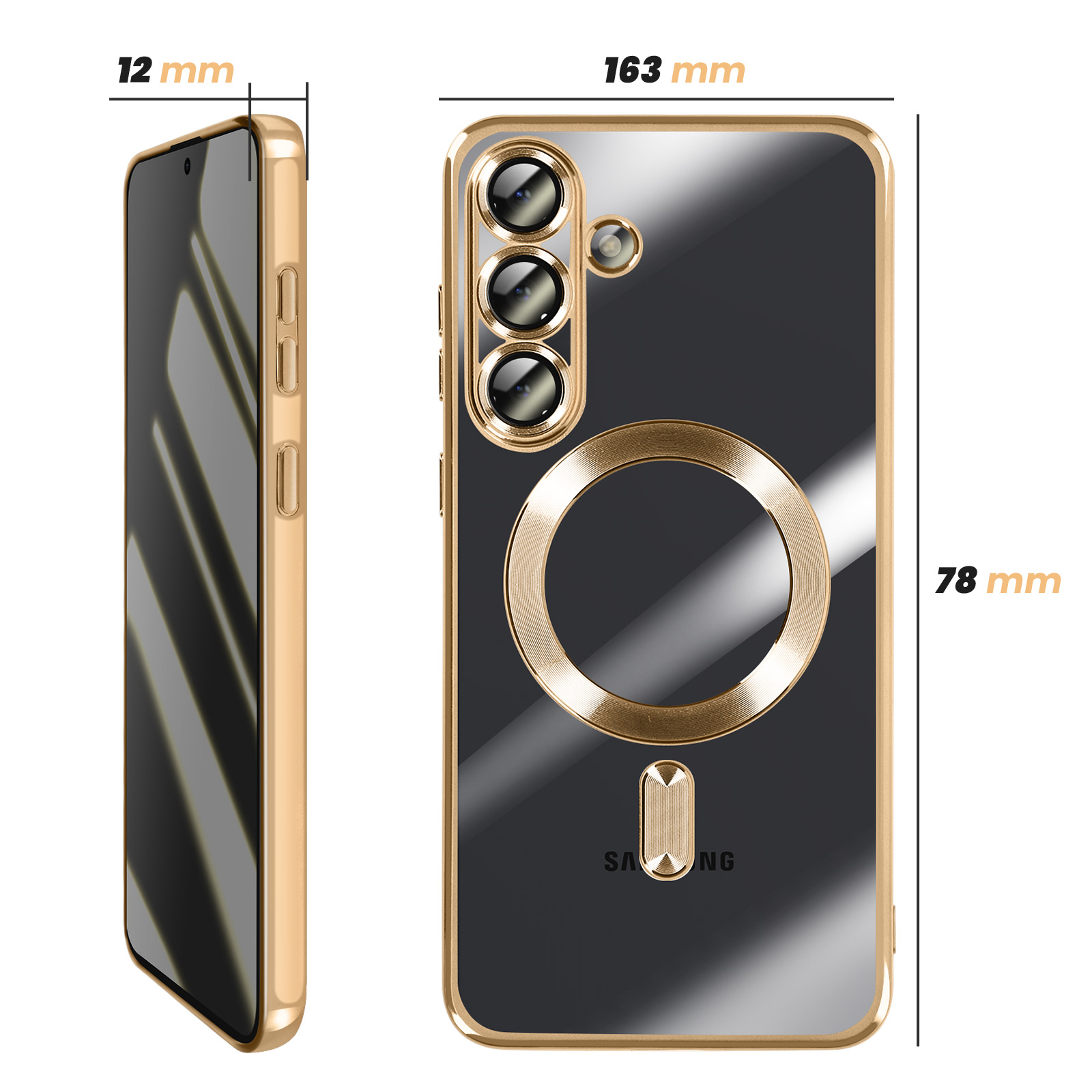 Custodia dorata per telefono con fotocamere, anello e dimensioni 12, 163, 78 mm.