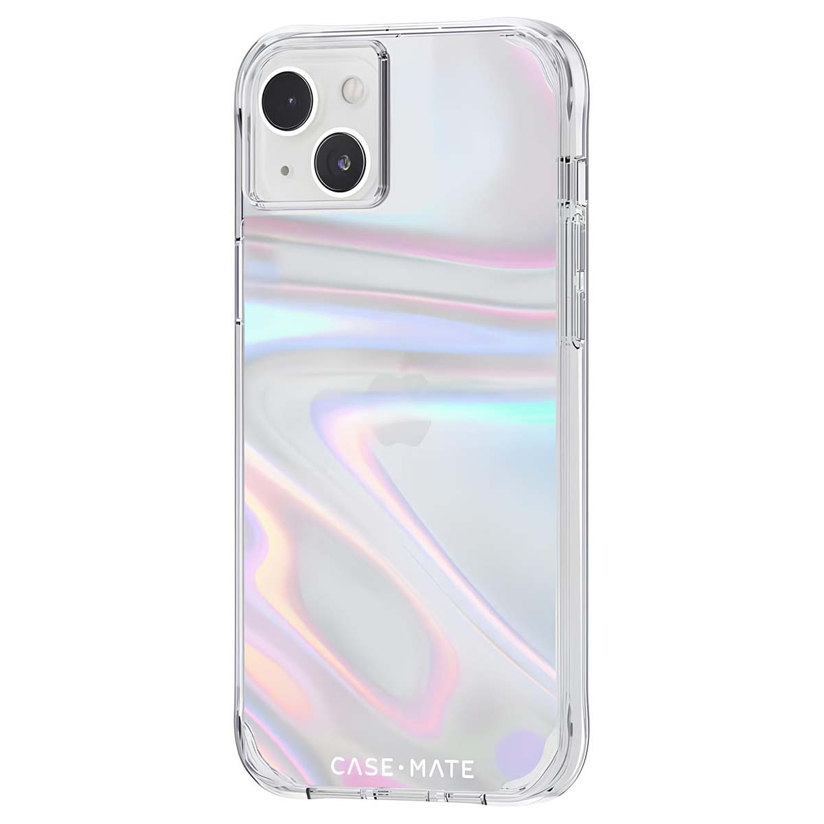 Custodia trasparente per iPhone con motivo a vortice perlescente, su sfondo bianco.