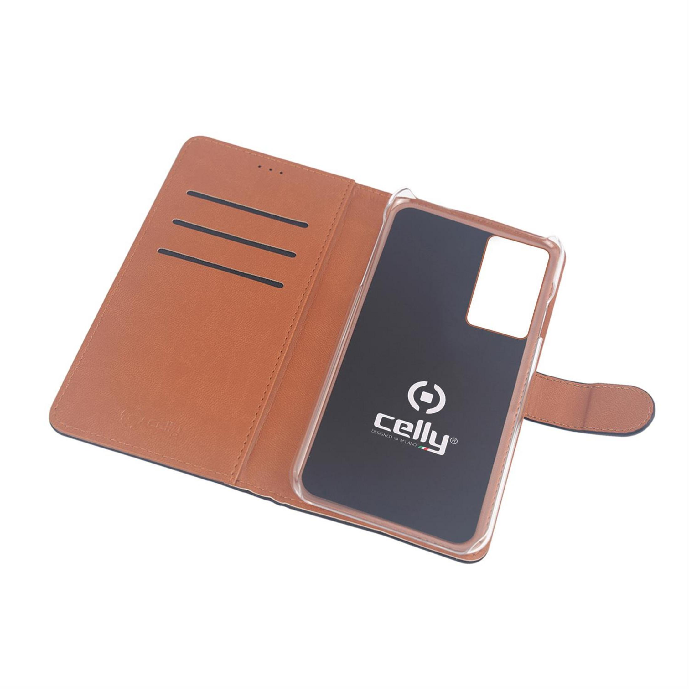Custodia per telefono in pelle marrone con inserto trasparente e logo Celly.