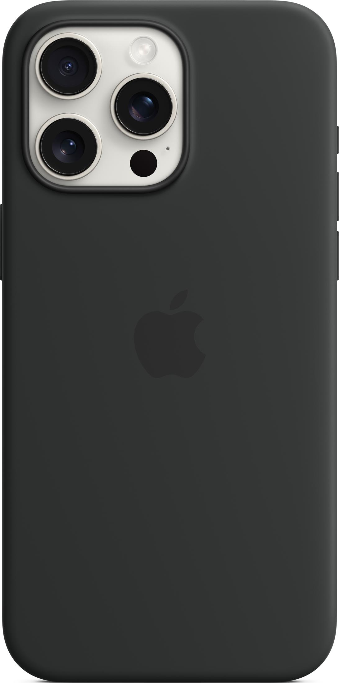 Una custodia grigio scuro per iPhone con ritaglio fotocamera e logo Apple.