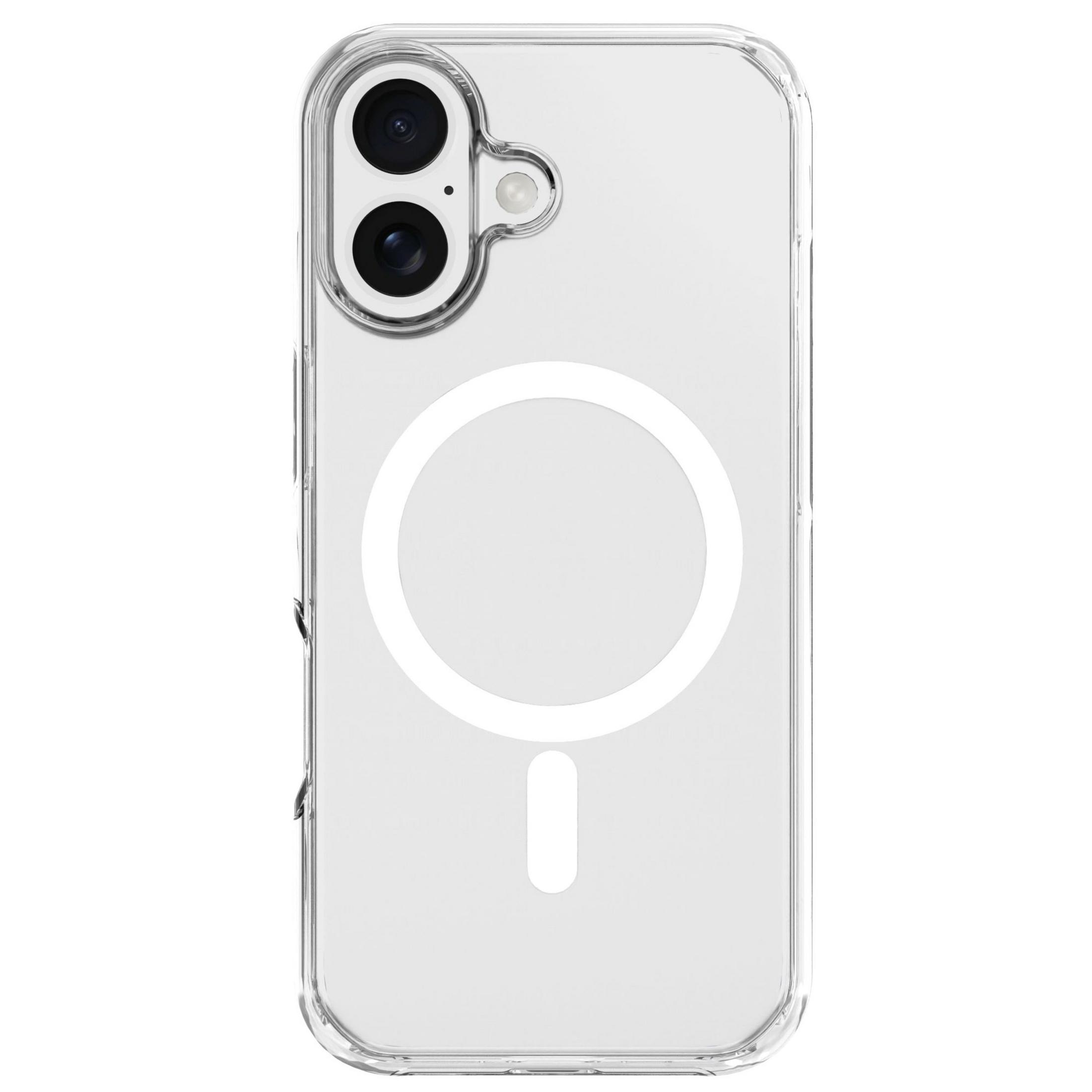 Coque de téléphone transparente avec deux caméras et un cercle blanc au dos.
