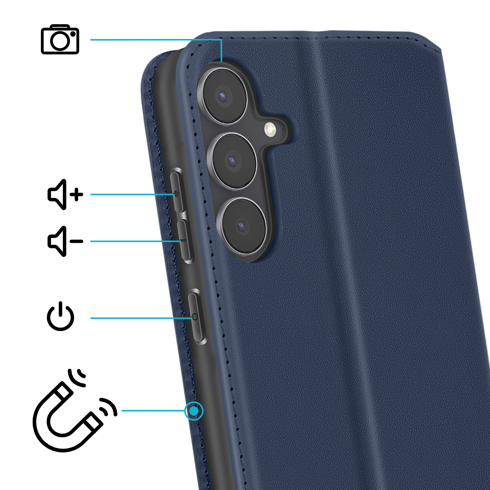 Dunkelblaue Handyhülle mit sichtbaren Kameralinsen und Tasten.