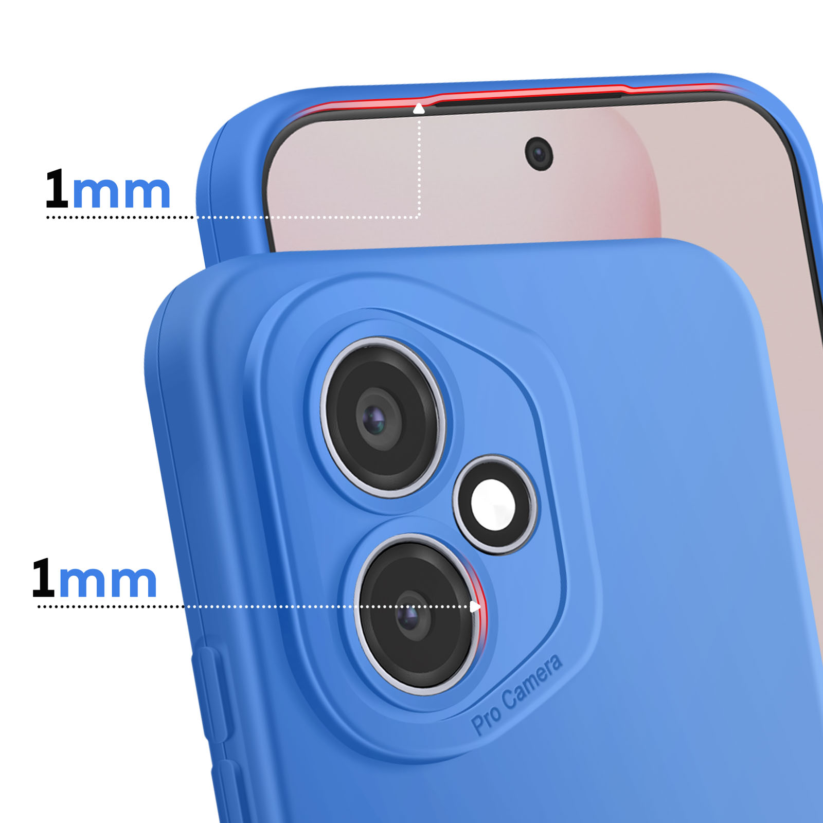 Una custodia blu per telefono con bordi rialzati di 1 mm attorno alla fotocamera e allo schermo.