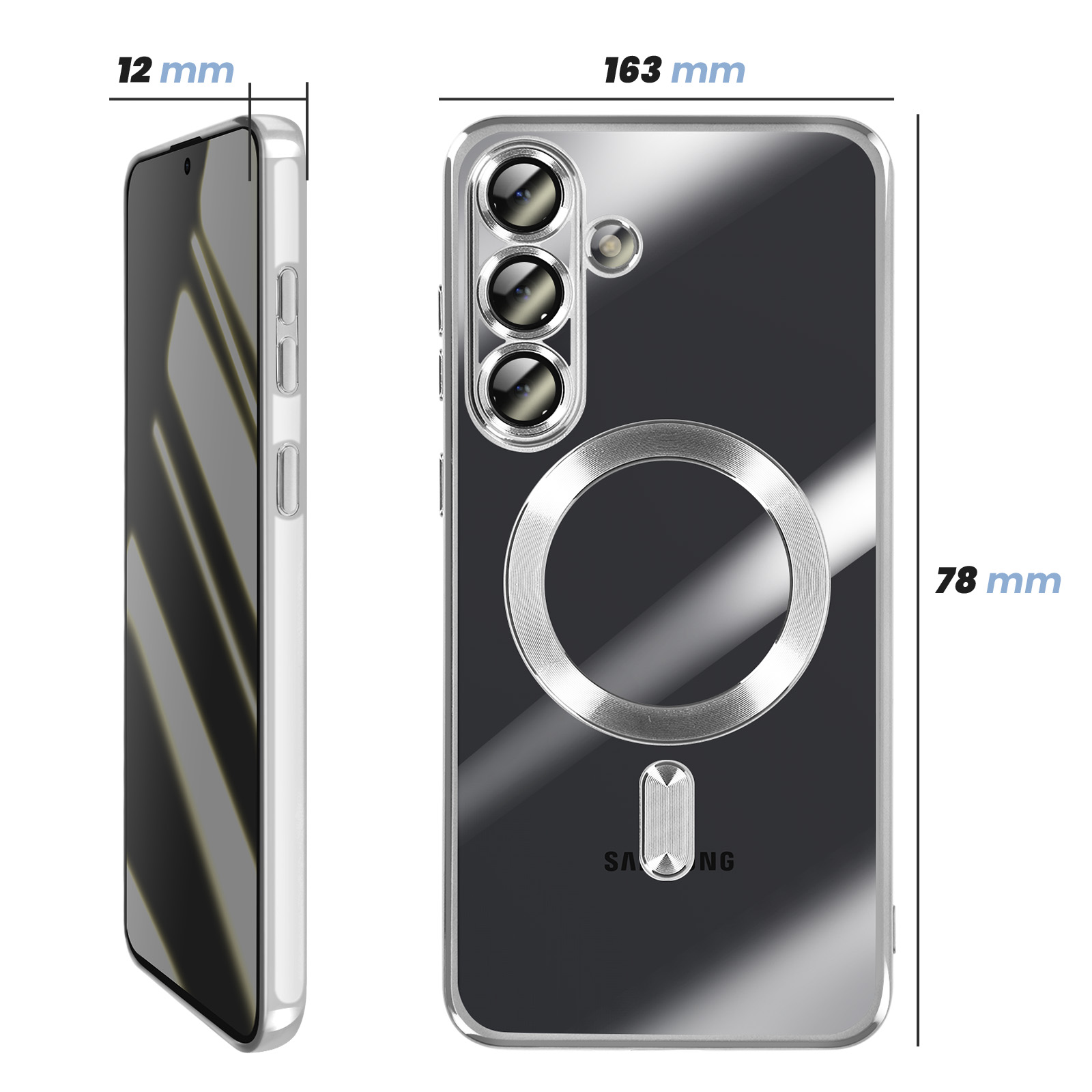 Custodia trasparente per telefono con tre fotocamere, anello magnetico e dimensioni.