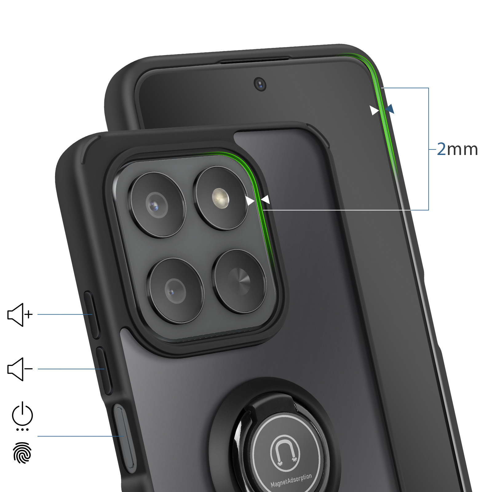 Custodia nera per telefono con quattro fotocamere, anello e bordo da 2 mm.