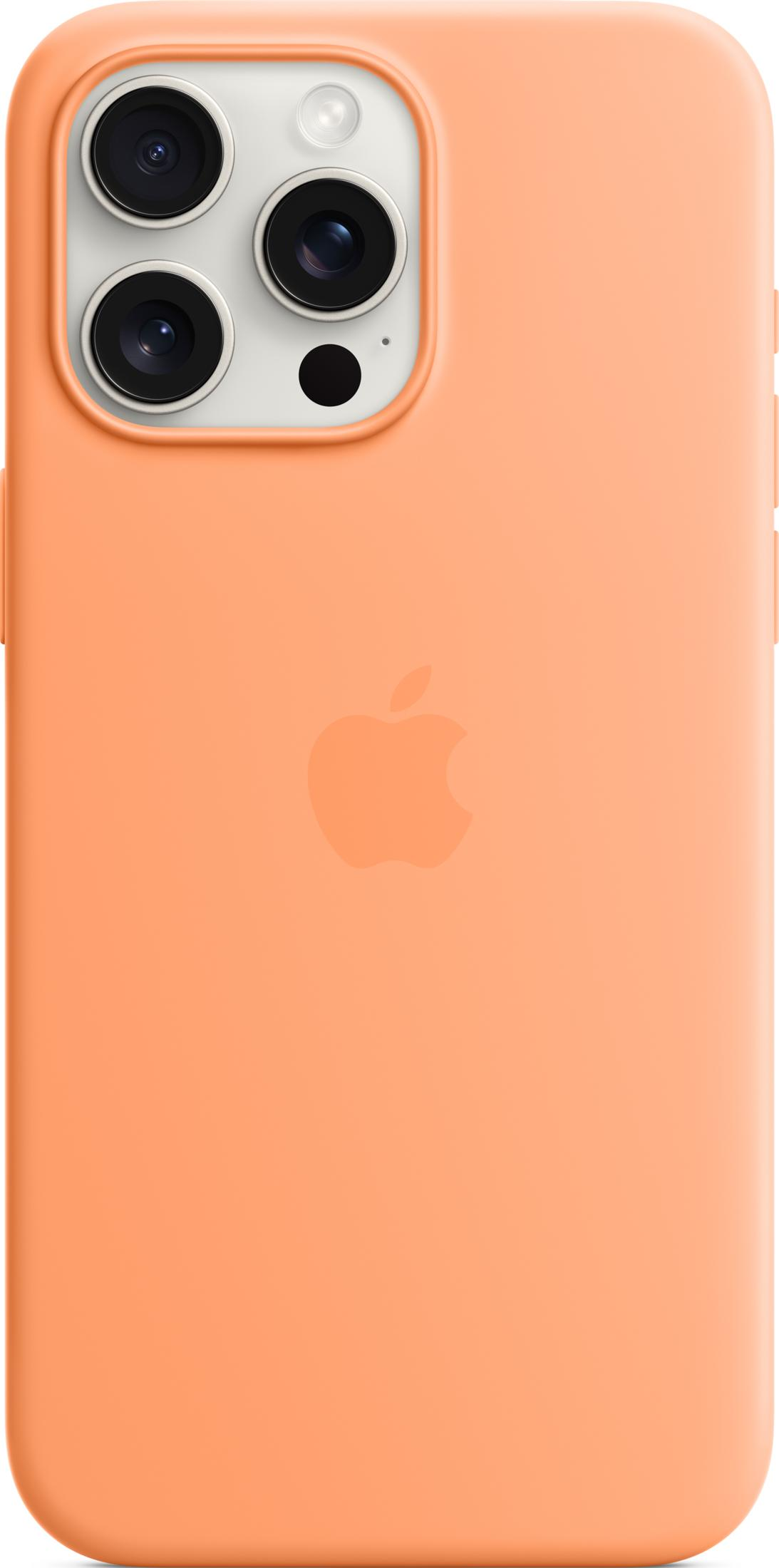 Custodia arancione per telefono con logo Apple e triplo ritaglio fotocamera.