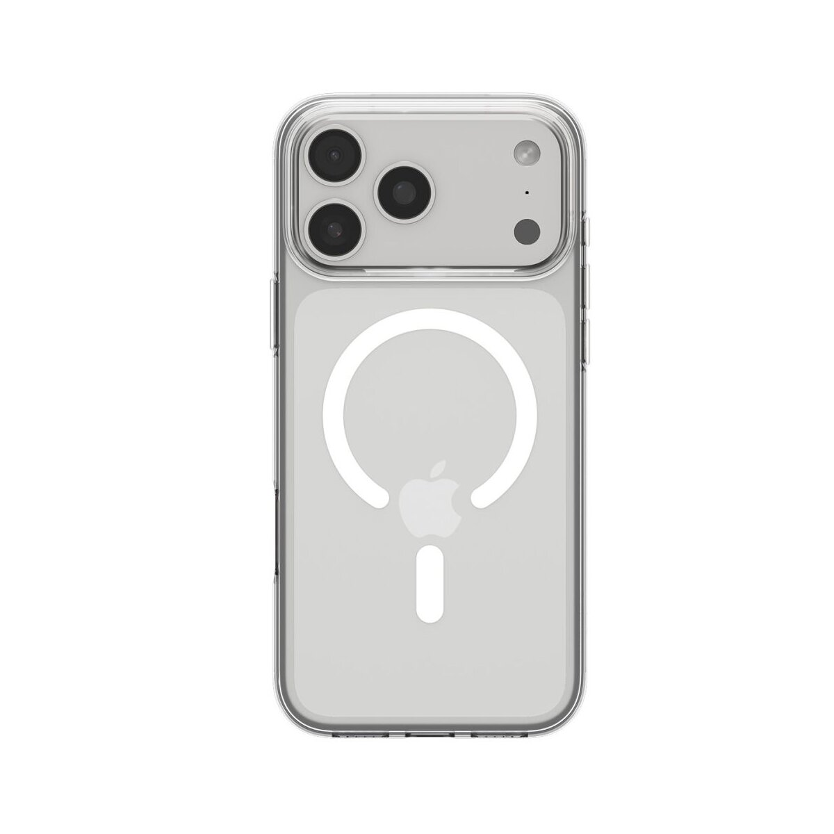 Custodia trasparente per telefono con tre fotocamere e logo Apple.