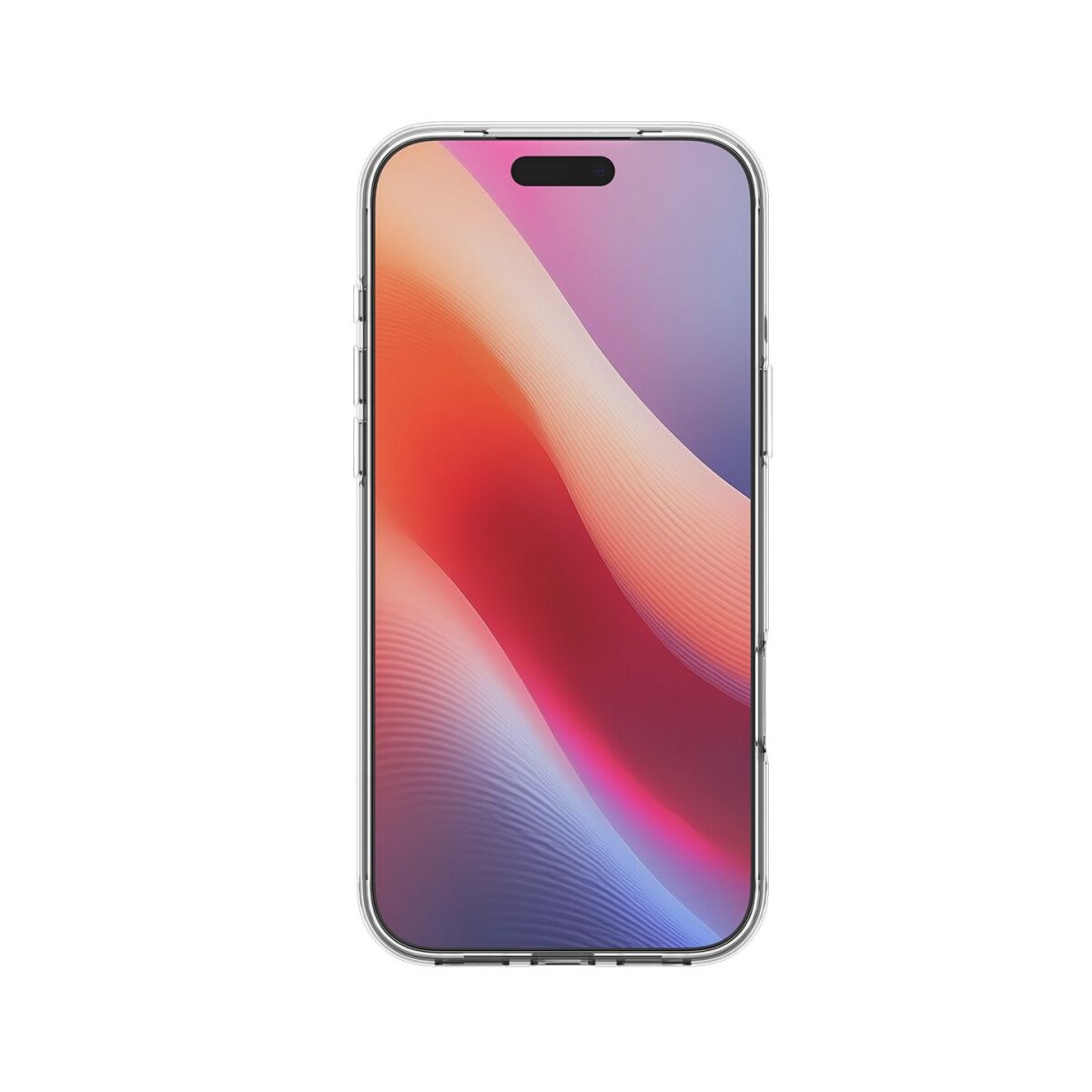 Un telefono trasparente con uno sfondo colorato e una tacca.