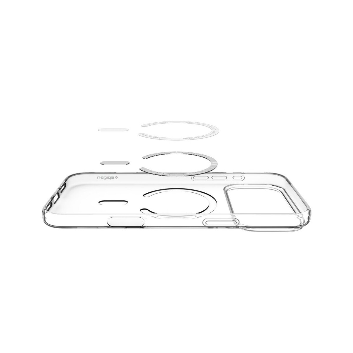 Custodia trasparente per telefono con ritagli per fotocamera e pulsanti. Anelli fluttuano.
