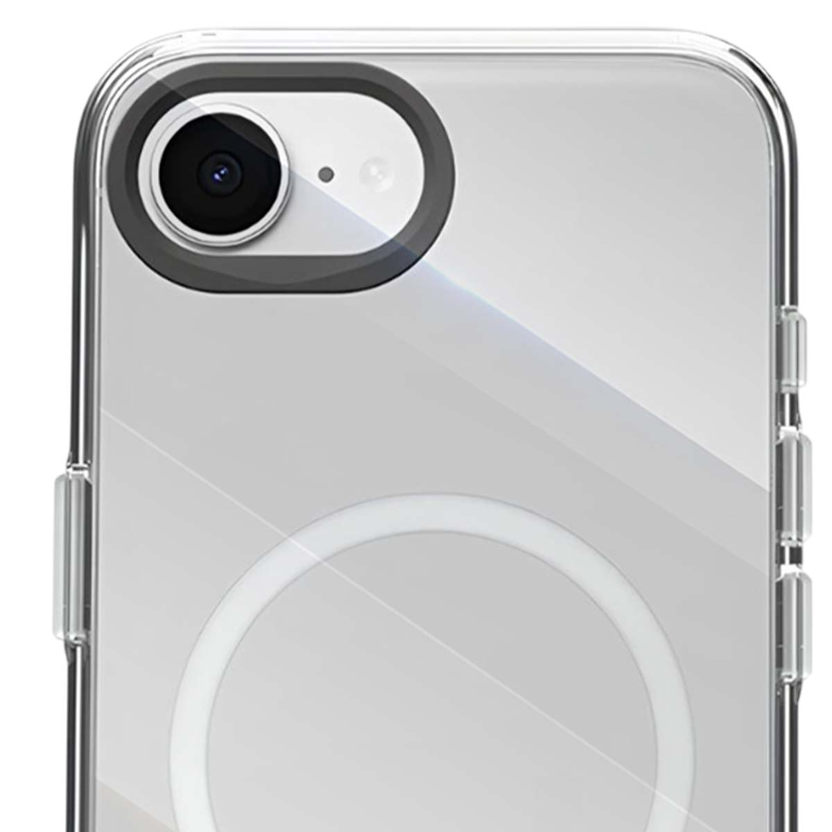 Primo piano di una custodia trasparente per telefono con fotocamera e cerchio.