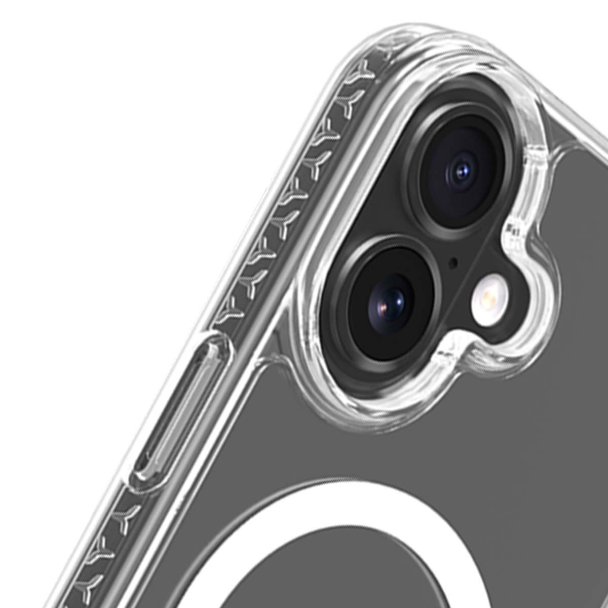 Primo piano di una custodia trasparente per telefono che mostra doppie fotocamere e un anello bianco.