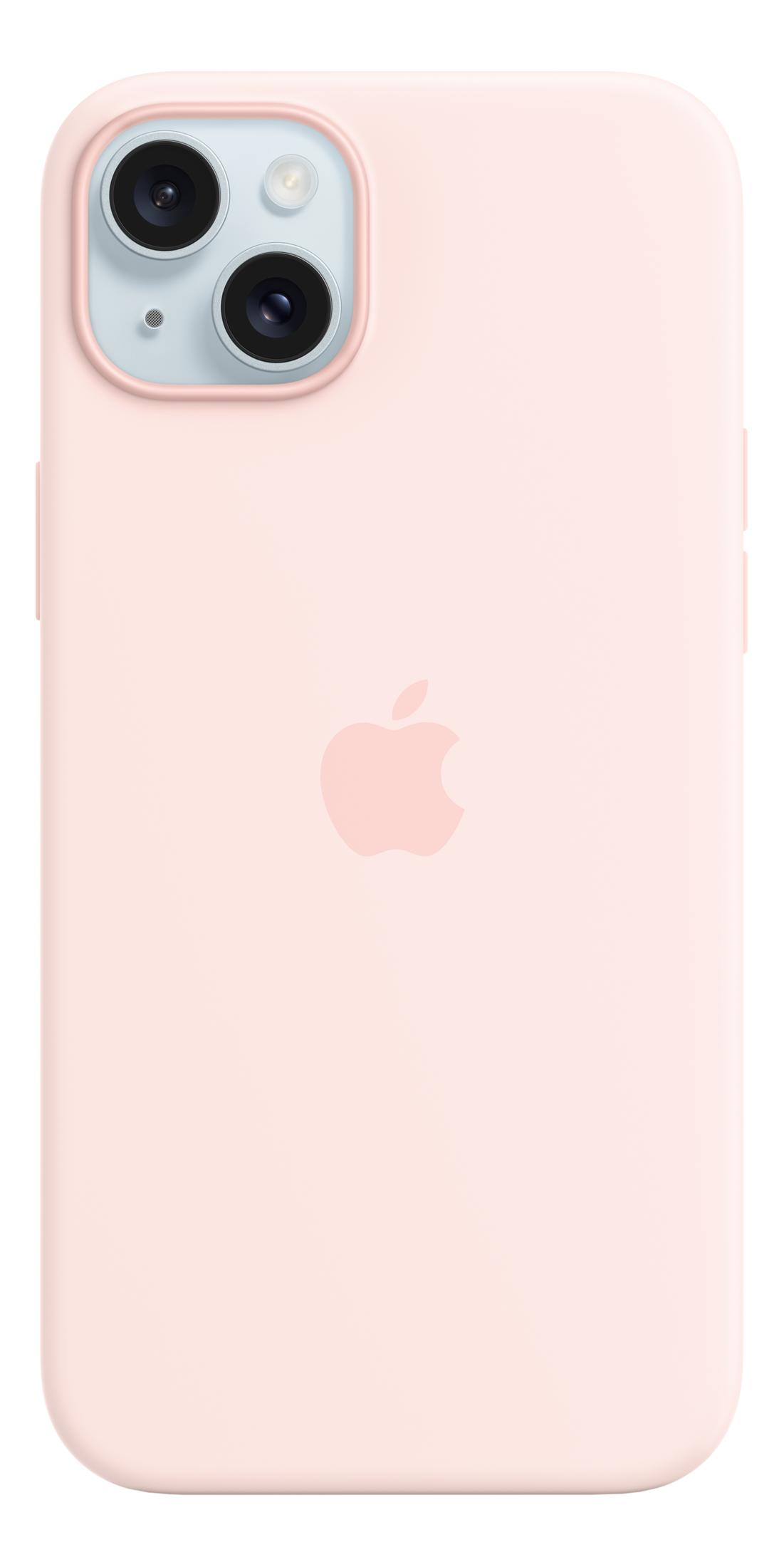 Funda rosa claro para iPhone con dos lentes de cámara y flash en la parte superior izquierda.