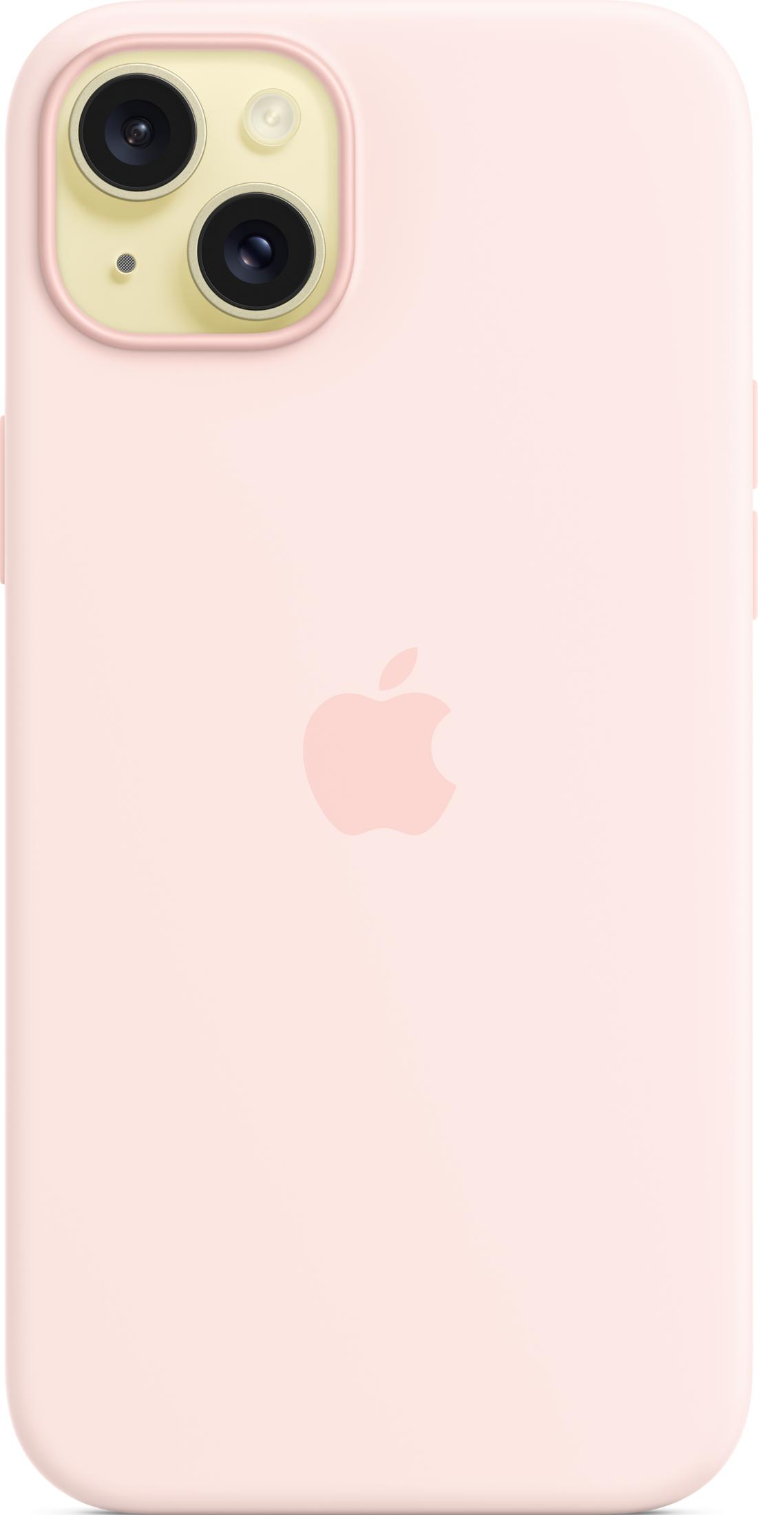 Una funda rosa claro para iPhone con cámara dual y logo de Apple.