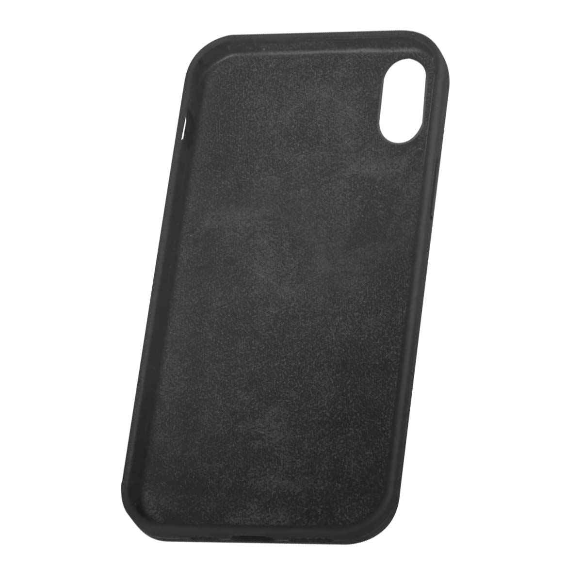Custodia nera per telefono con ritagli per fotocamera e pulsanti.