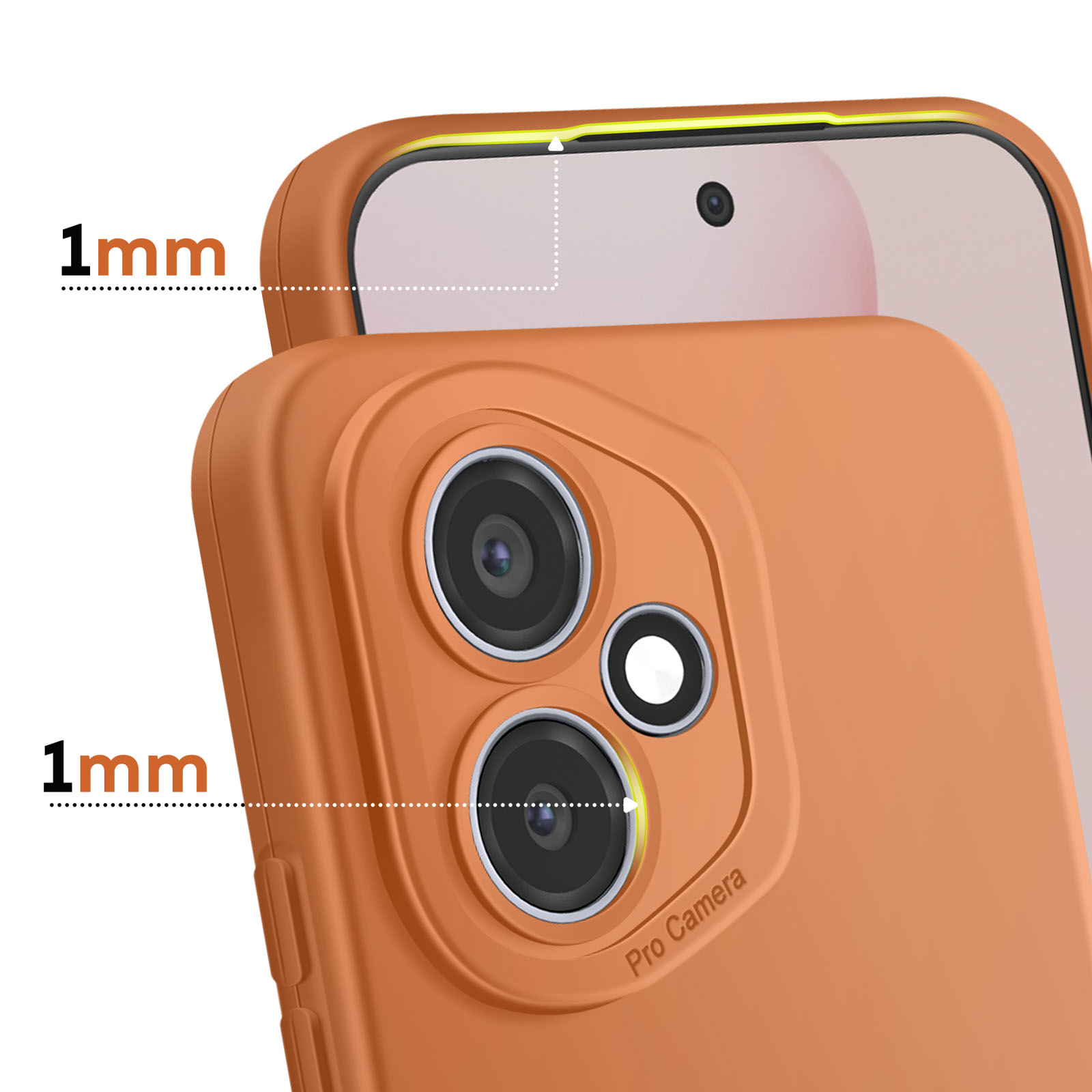 Custodia arancione per telefono che mostra 1mm di protezione fotocamera e bordo.