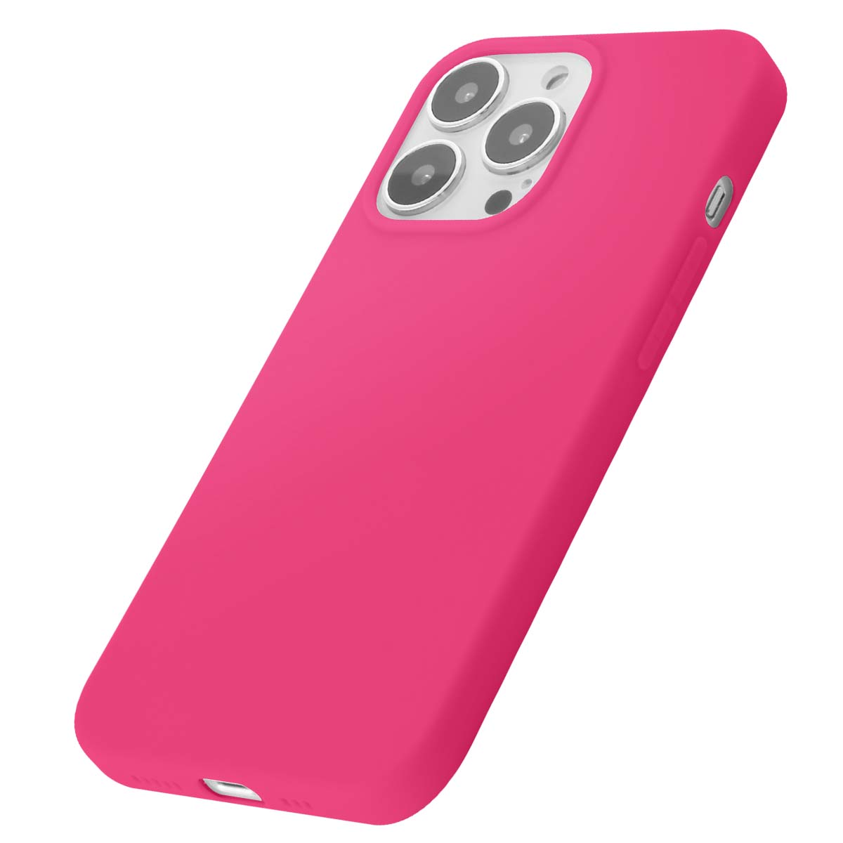 Una custodia rosa per telefono con tre fotocamere, su sfondo bianco.