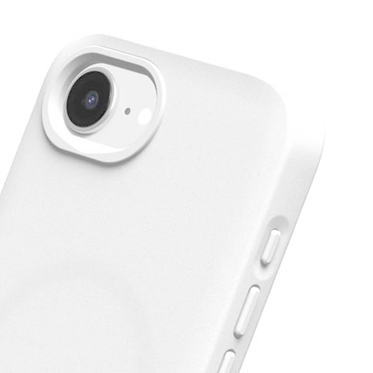 Primo piano di una custodia bianca per telefono che mostra l'obiettivo della fotocamera e i pulsanti.